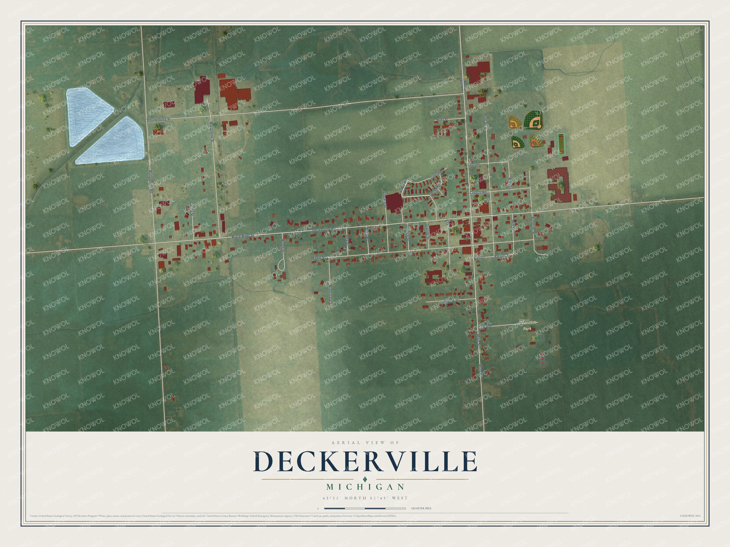 Full map of Deckerville, Michigan, with red buildings, printed street names and the land around them