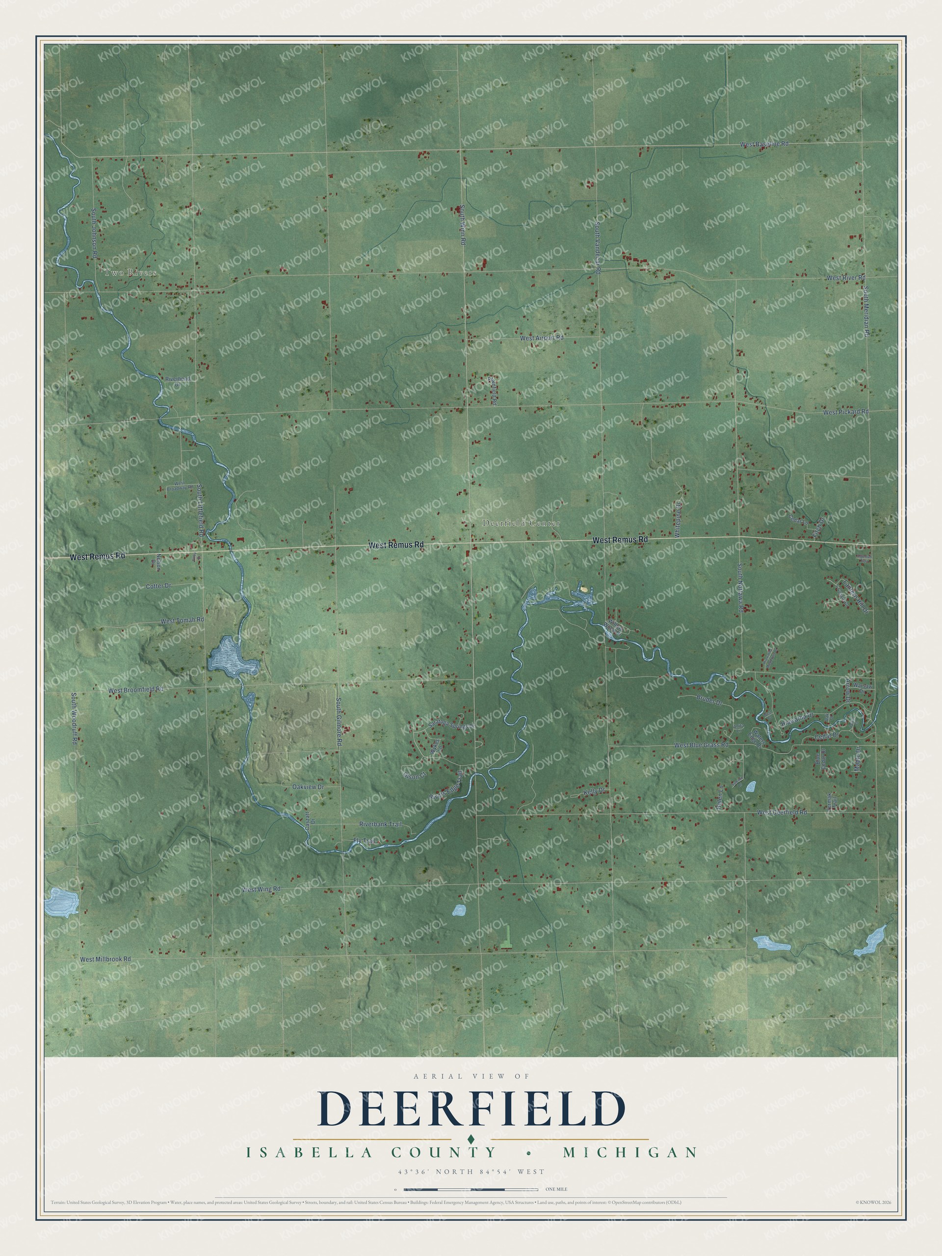 Full map of Deerfield, Michigan, with red buildings, printed street names and the land around them