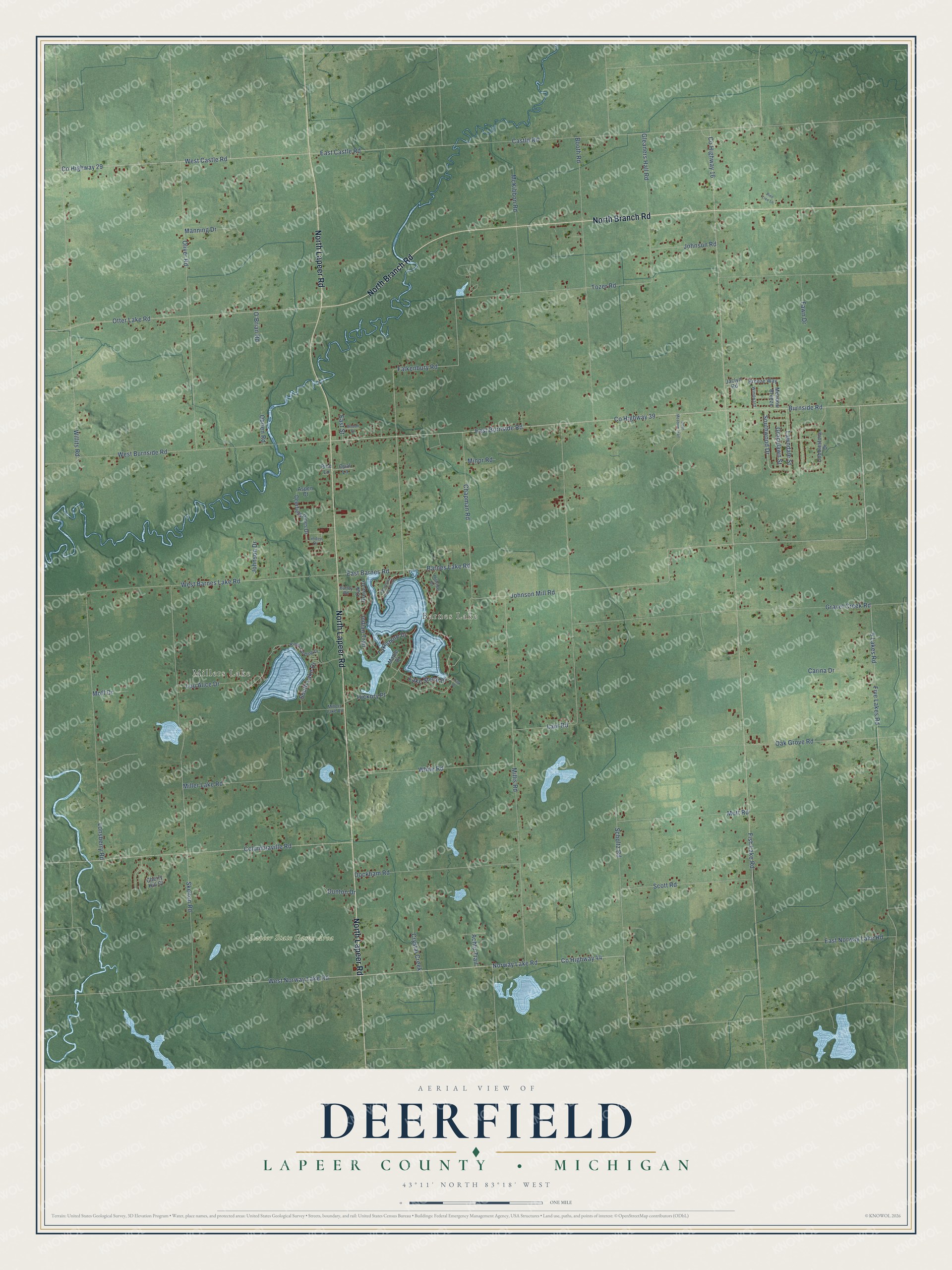 Full map of Deerfield, Michigan, with red buildings, printed street names and the land around them