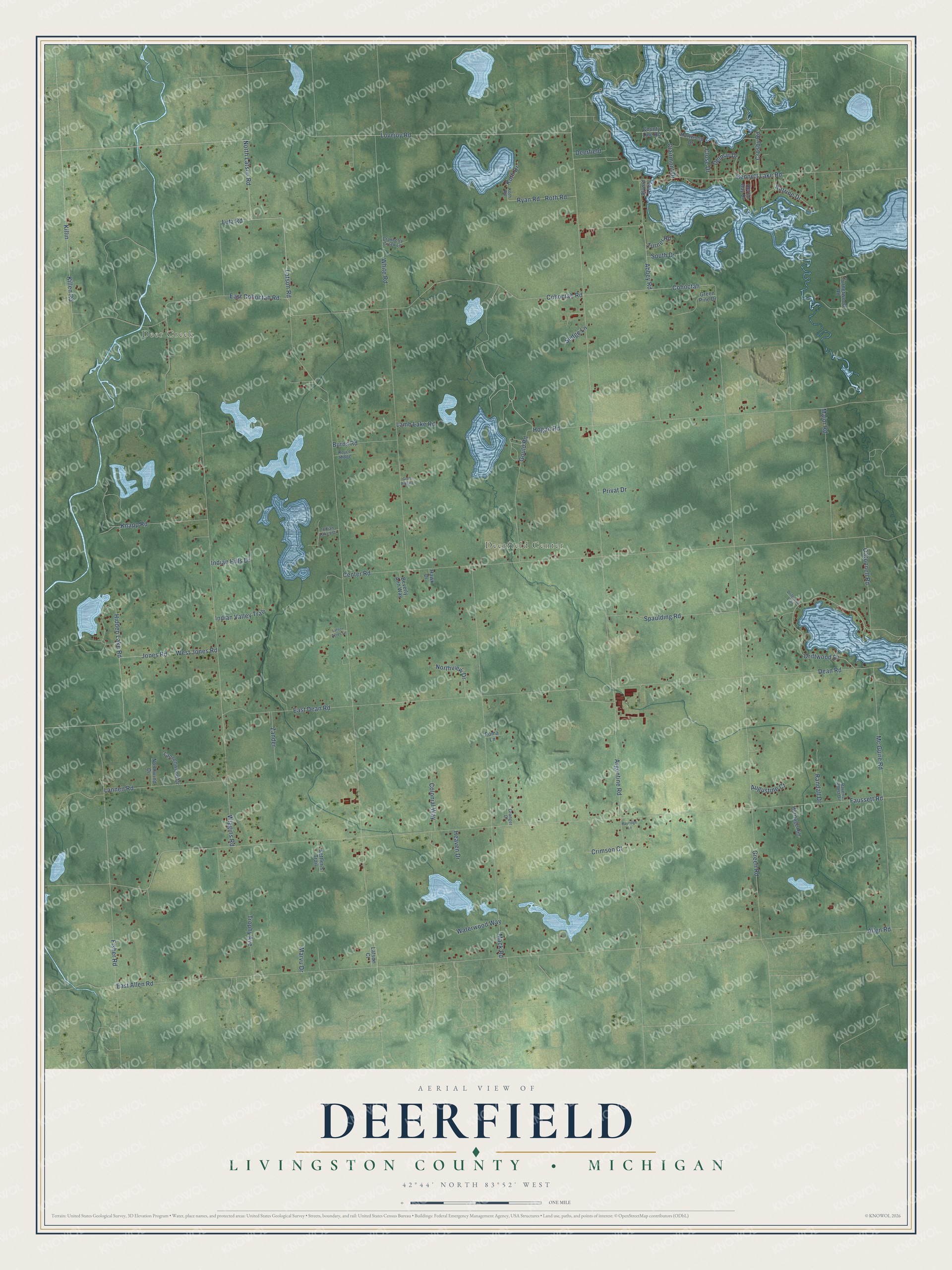 Full map of Deerfield, Michigan, with red buildings, printed street names and the land around them