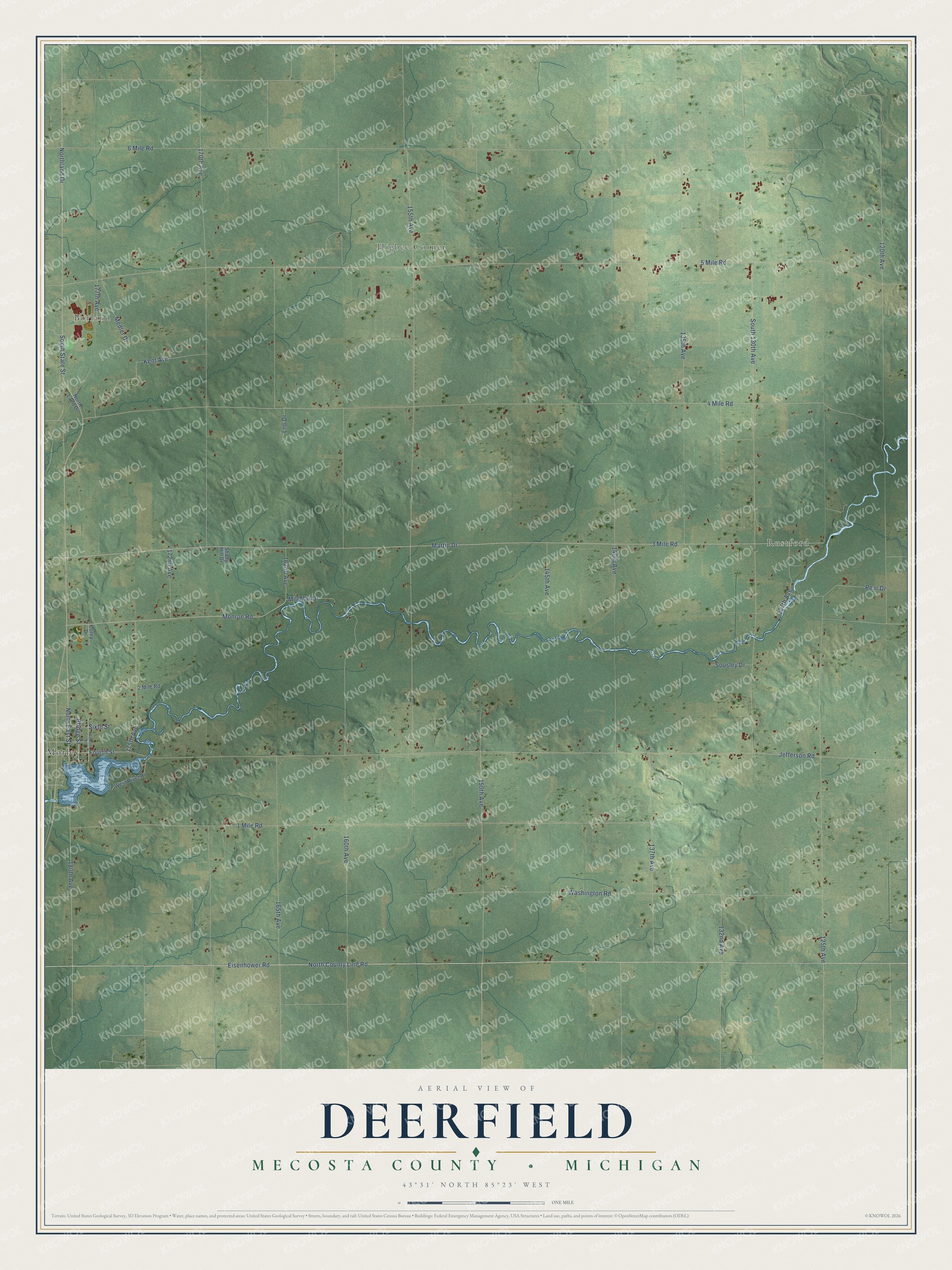Full map of Deerfield, Michigan, with red buildings, printed street names and the land around them