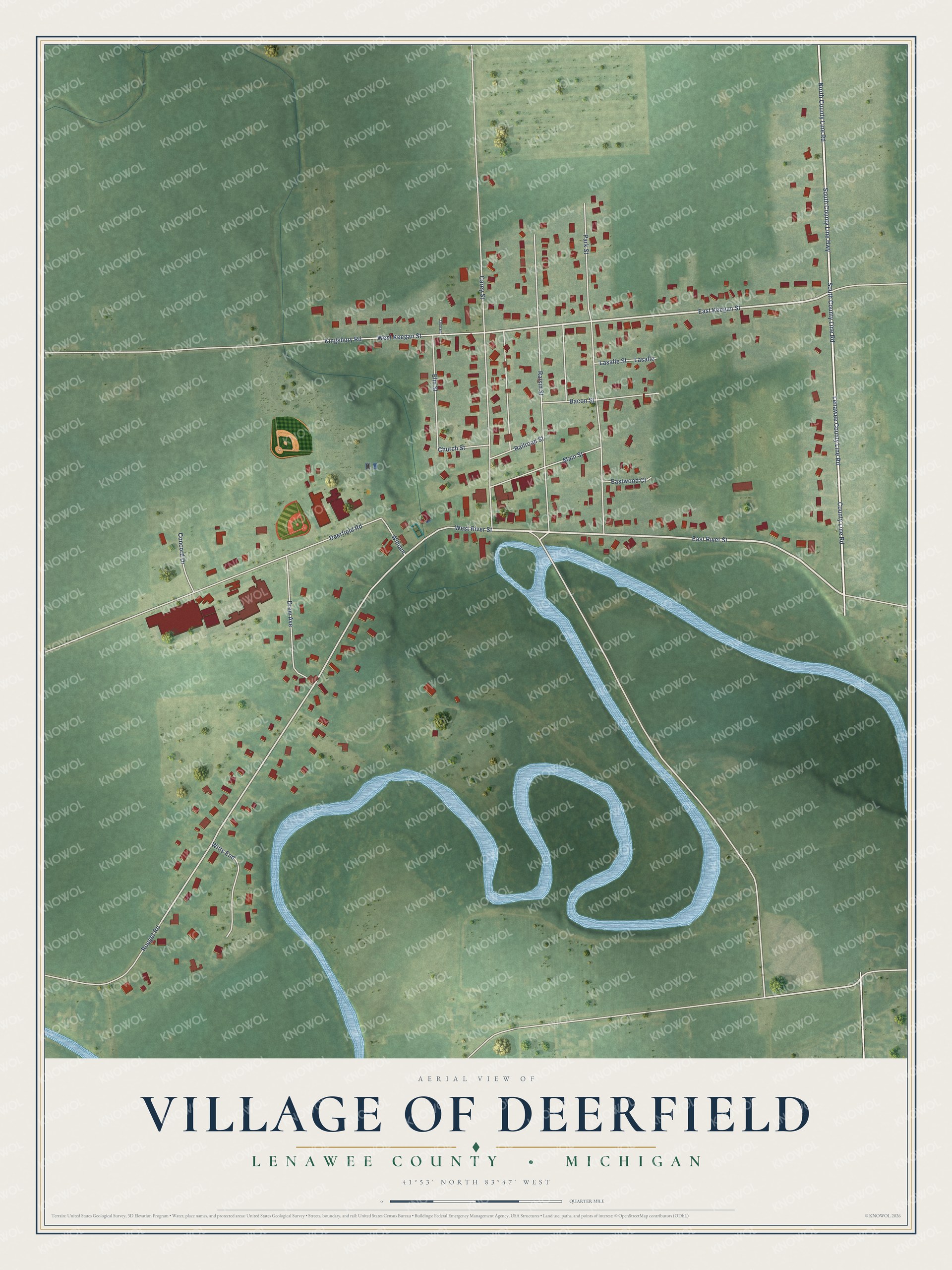 Full map of Deerfield, Michigan, with red buildings, printed street names and the land around them