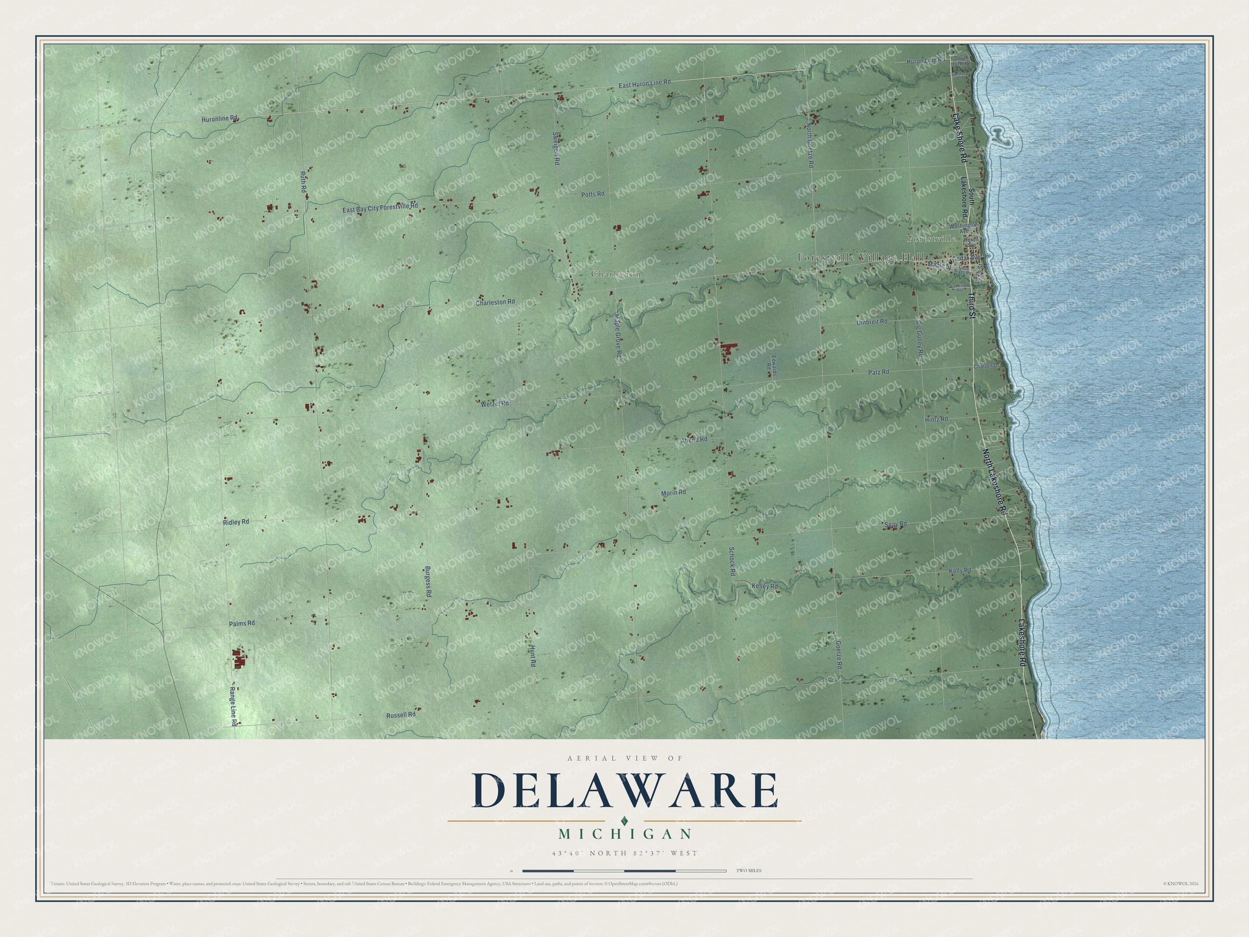 Full map of Delaware, Michigan, with red buildings, printed street names and the land around them