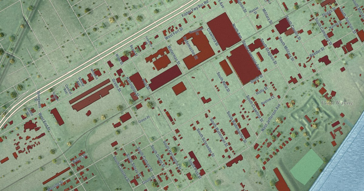 Close-up of streets and buildings in Delray, Michigan