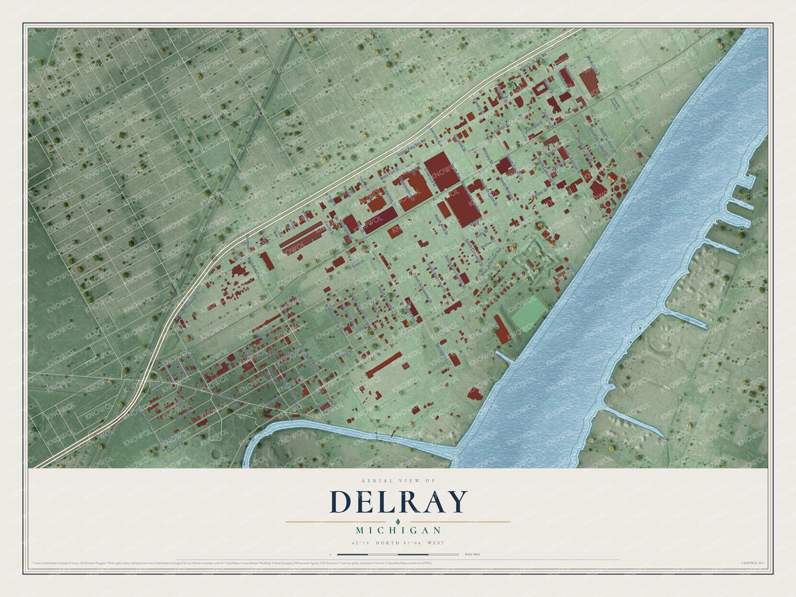 Full map of Delray, Michigan, with red buildings, printed street names and the land around them