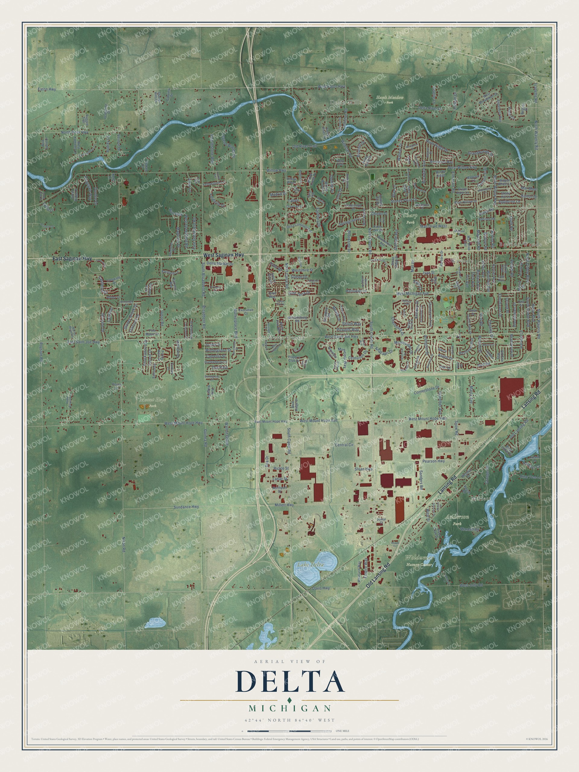 Full map of Delta, Michigan, with red buildings, printed street names and the land around them