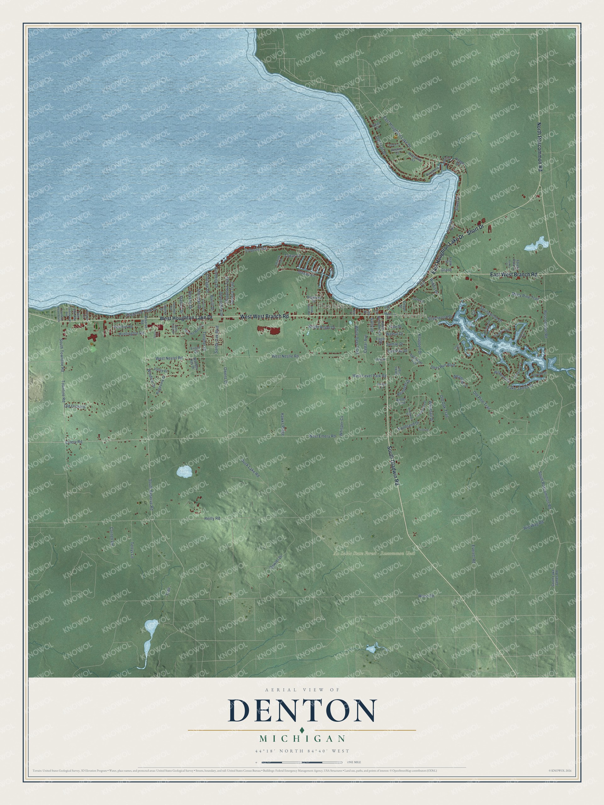 Full map of Denton, Michigan, with red buildings, printed street names and the land around them