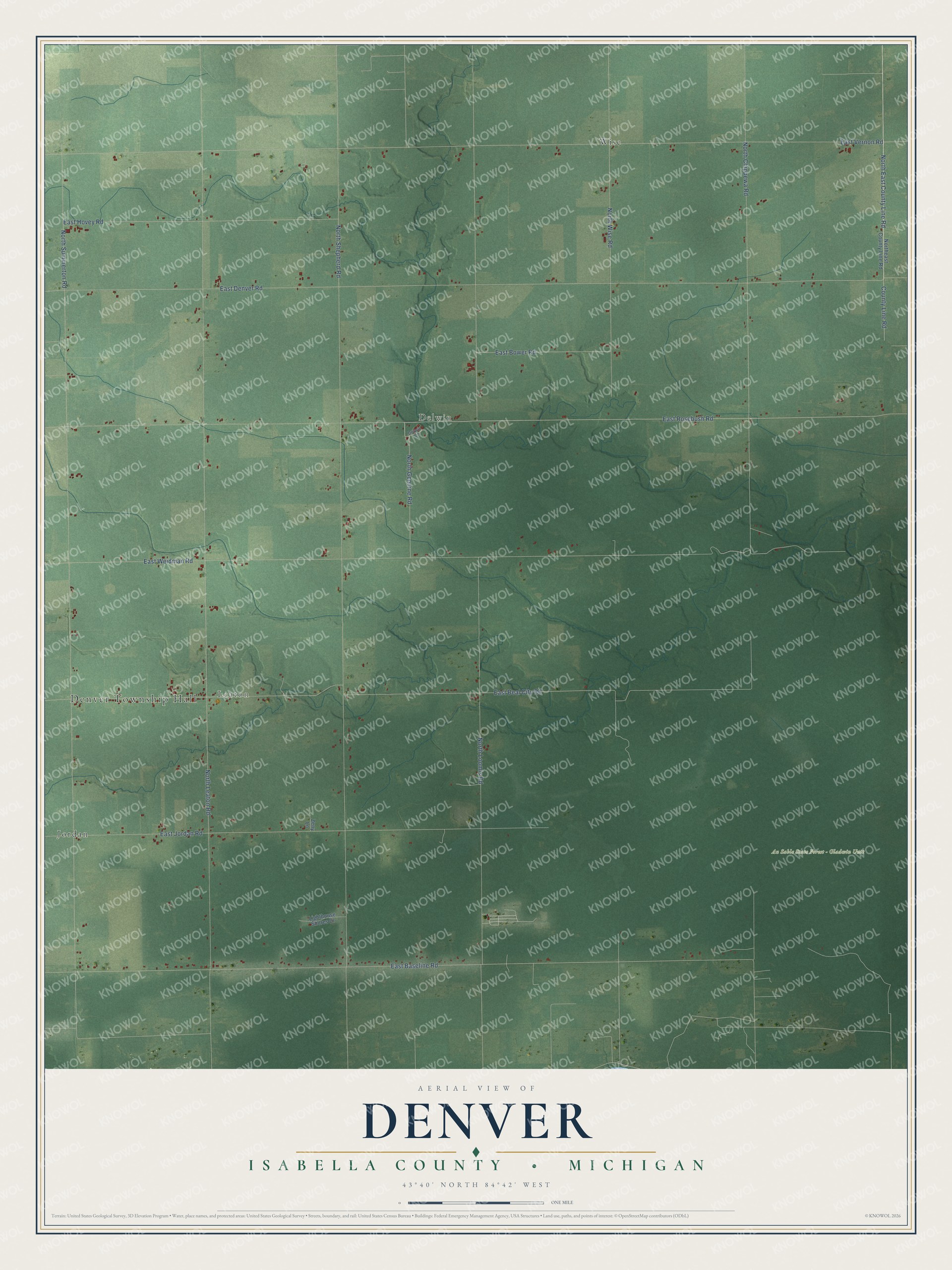 Full map of Denver, Michigan, with red buildings, printed street names and the land around them