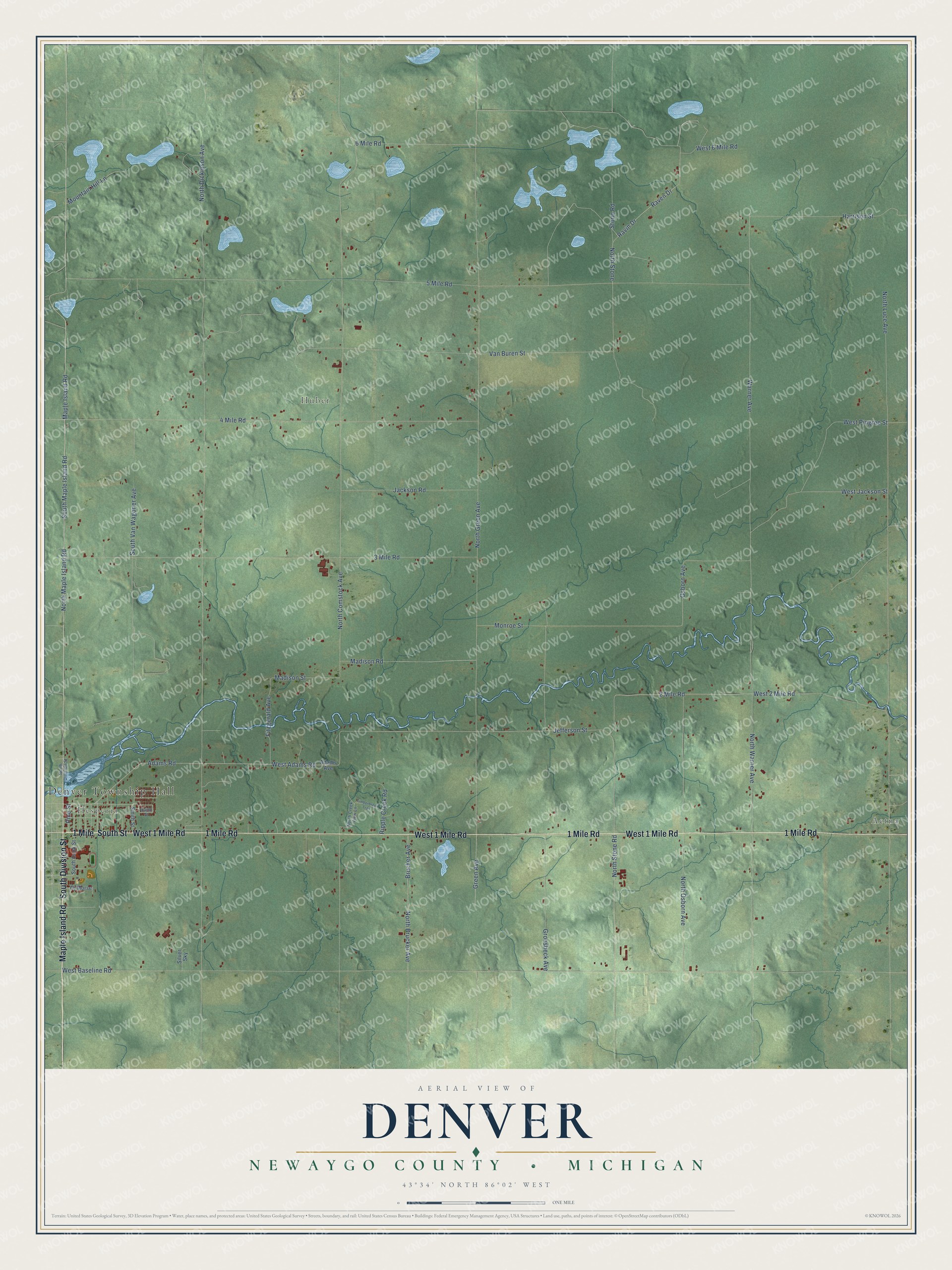 Full map of Denver, Michigan, with red buildings, printed street names and the land around them