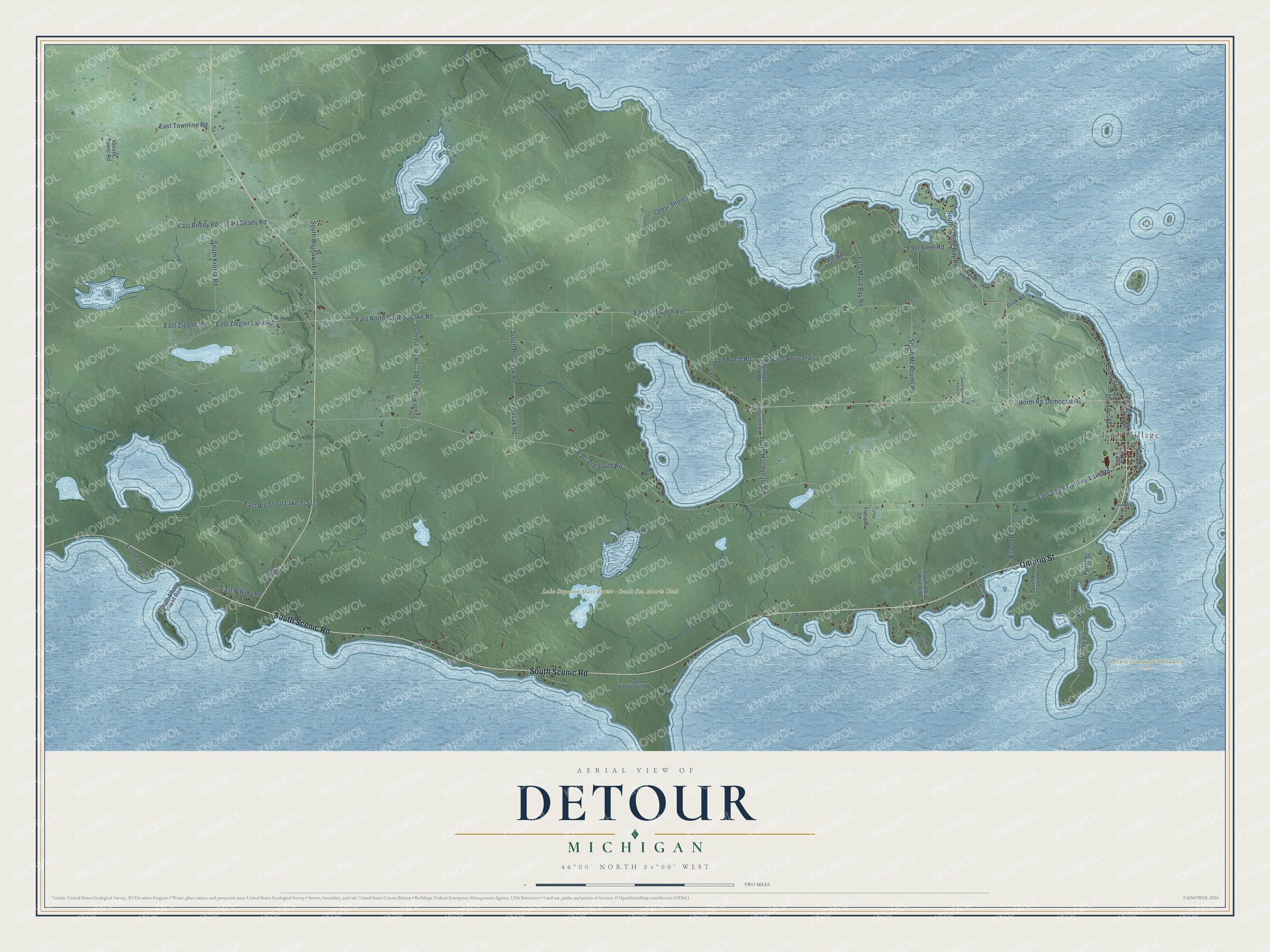 Full map of Detour, Michigan, with red buildings, printed street names and the land around them