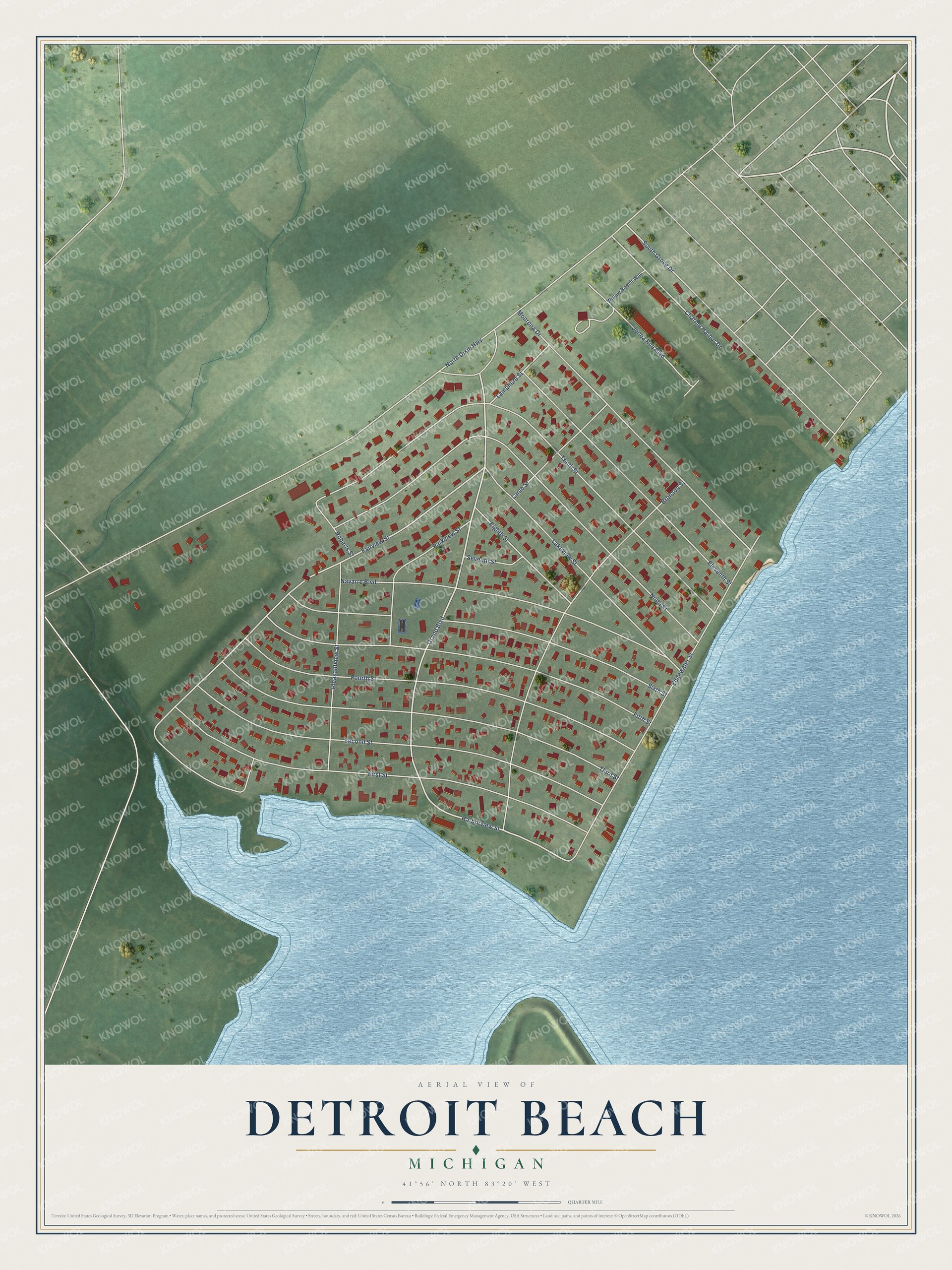 Full map of Detroit Beach, Michigan, with red buildings, printed street names and the land around them