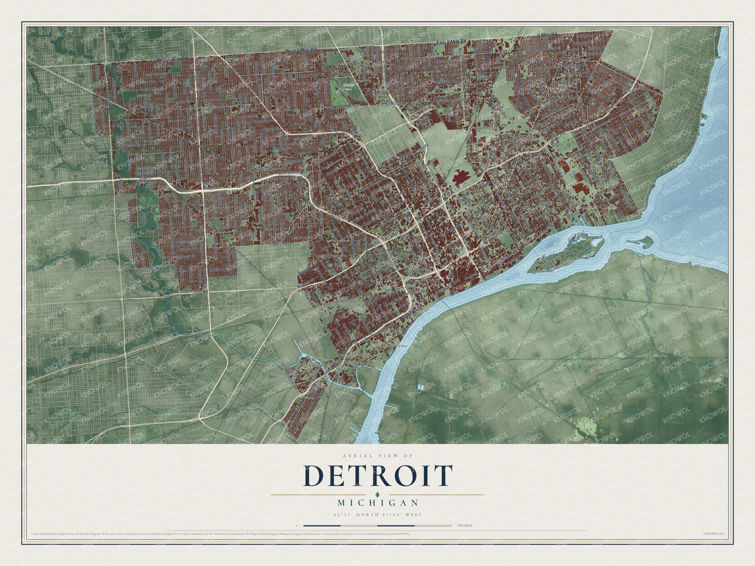 Full map of Detroit, Michigan, with red buildings, printed street names and the land around them