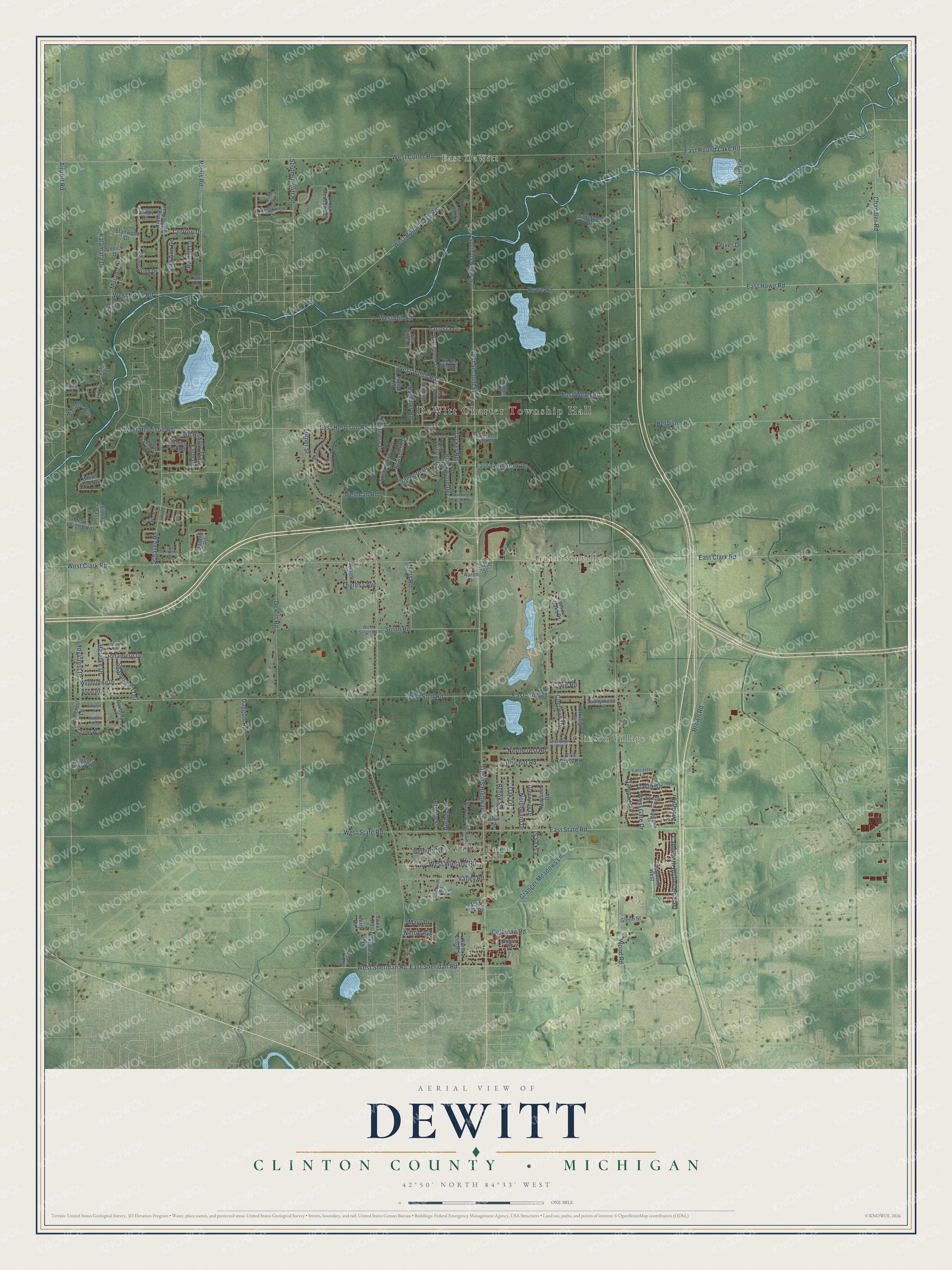 Full map of DeWitt, Michigan, with red buildings, printed street names and the land around them