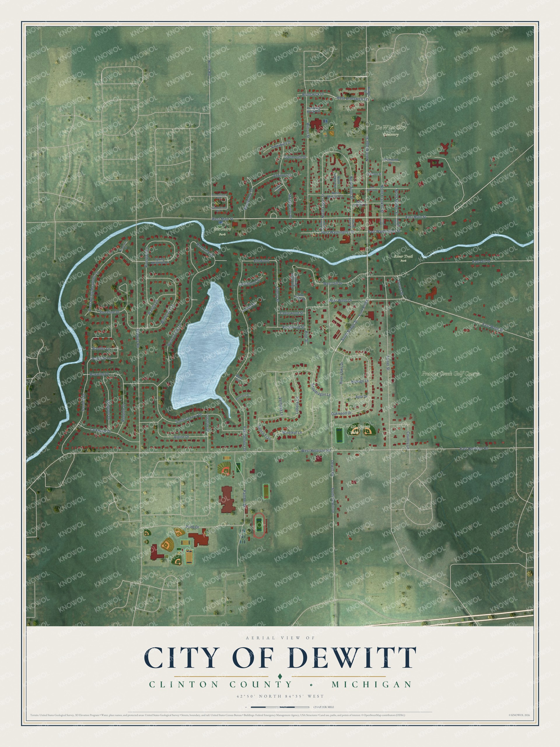 Full map of DeWitt, Michigan, with red buildings, printed street names and the land around them
