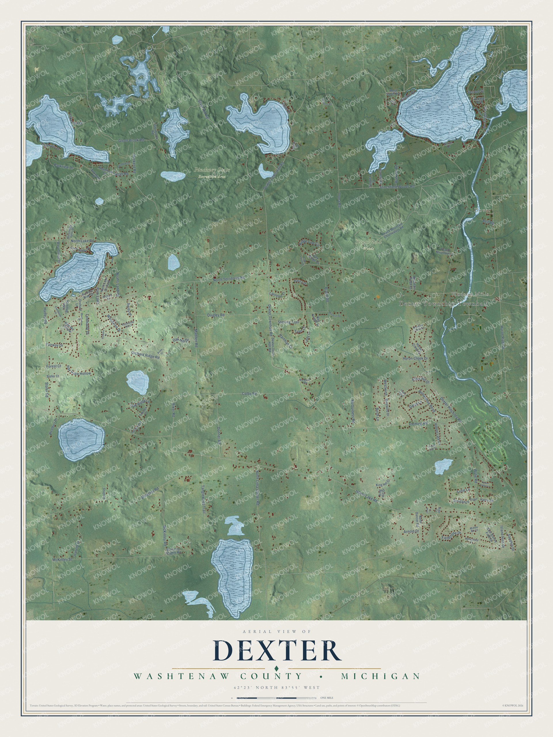 Full map of Dexter, Michigan, with red buildings, printed street names and the land around them