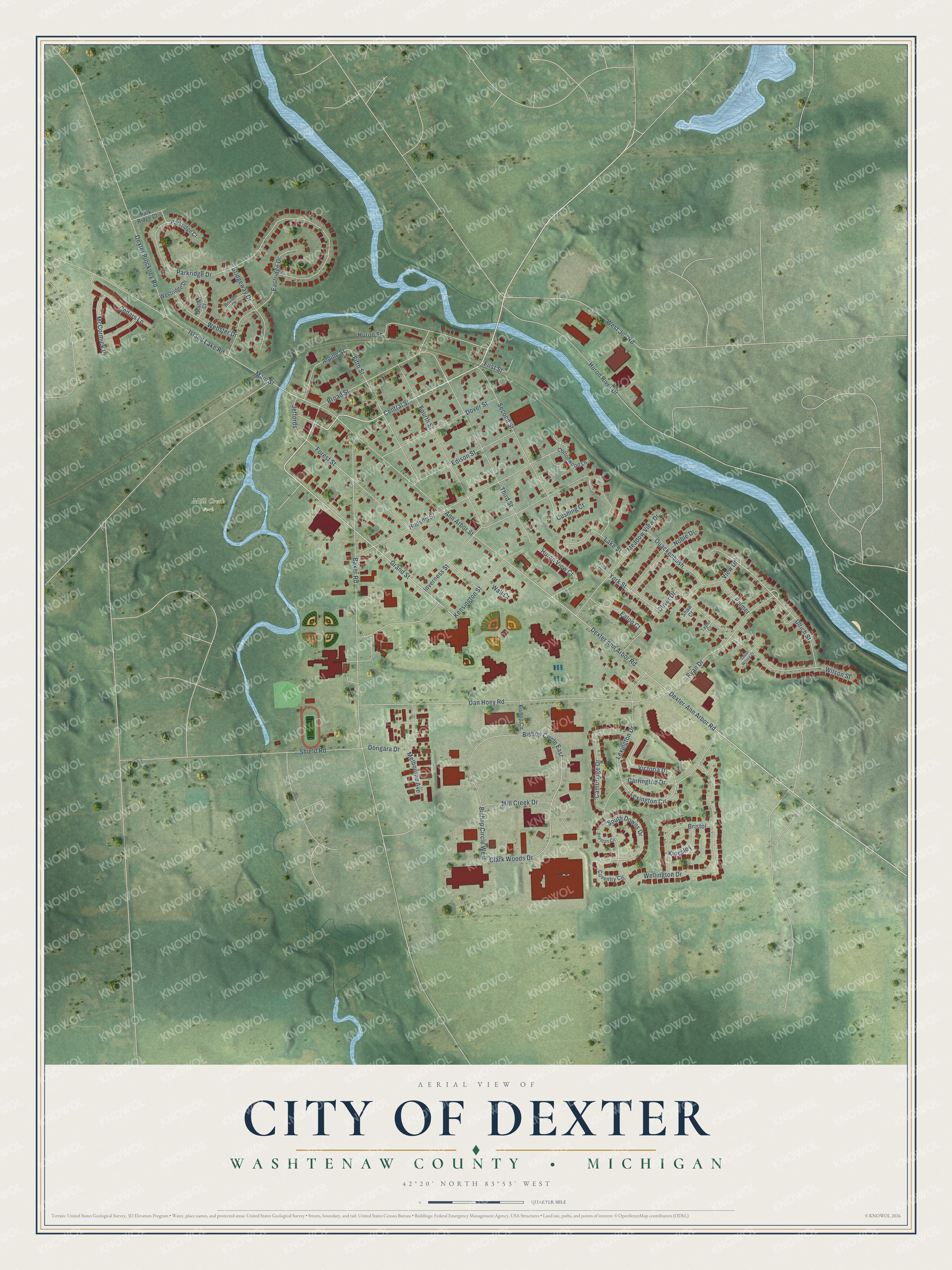 Full map of Dexter, Michigan, with red buildings, printed street names and the land around them