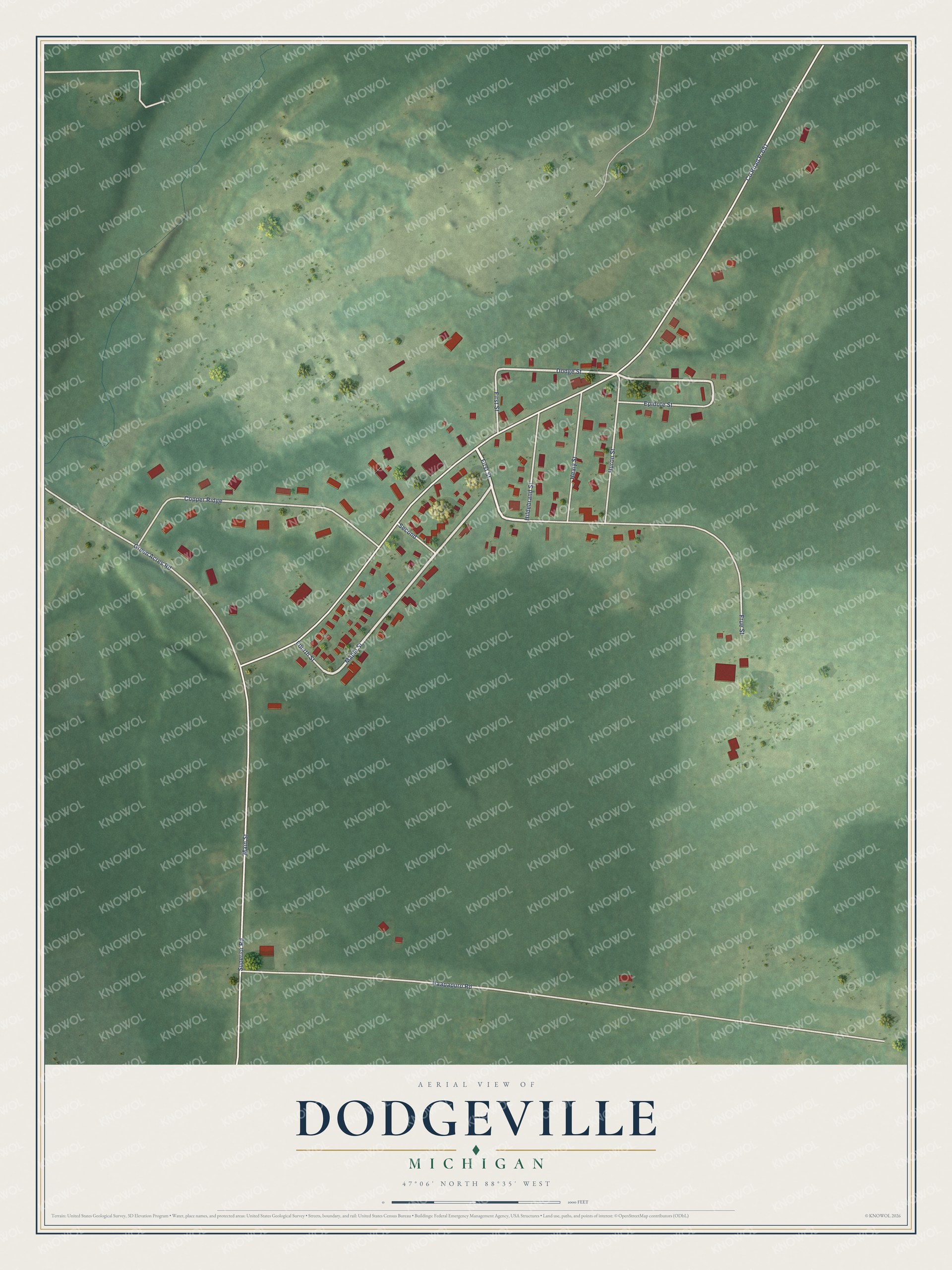 Full map of Dodgeville, Michigan, with red buildings, printed street names and the land around them