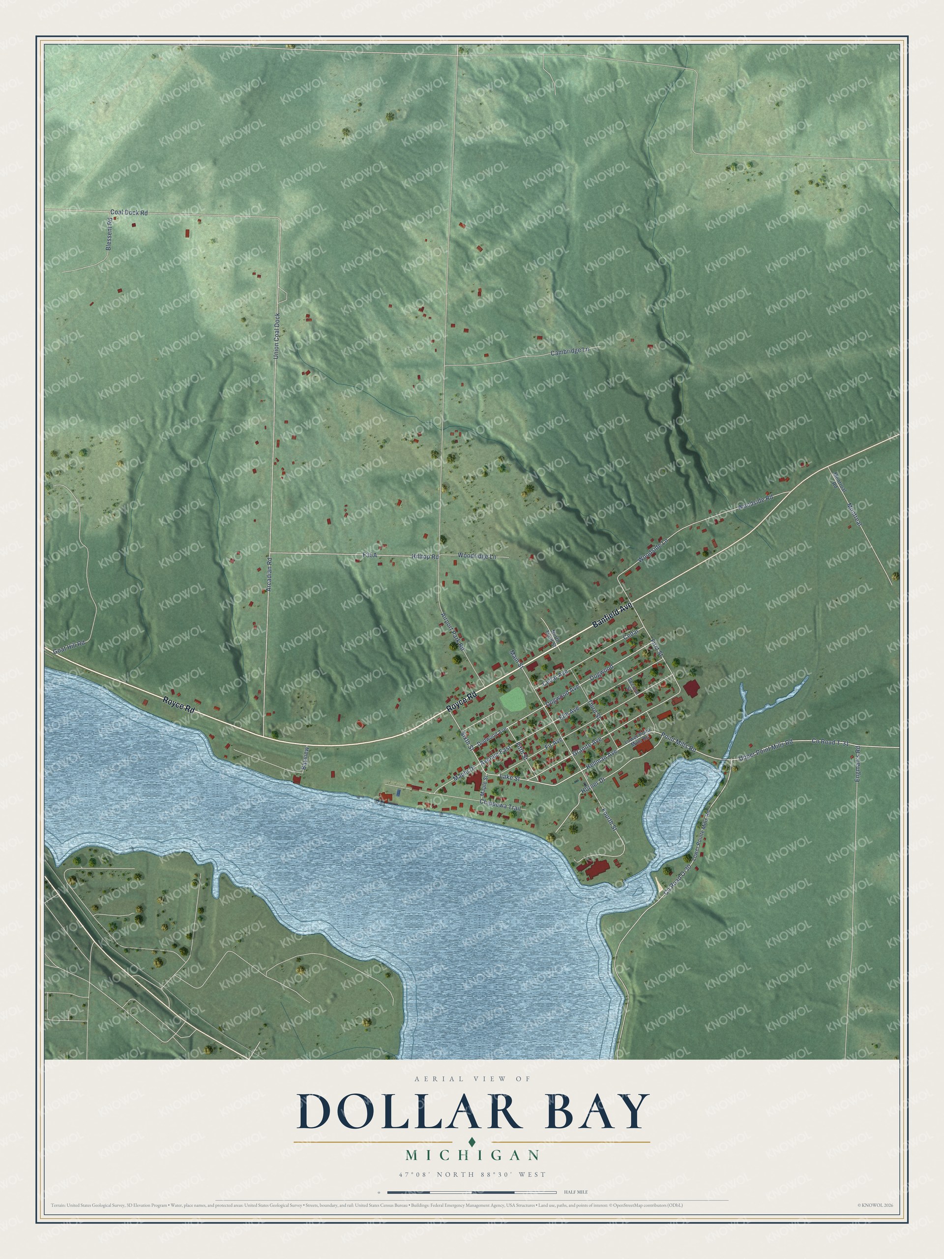 Full map of Dollar Bay, Michigan, with red buildings, printed street names and the land around them