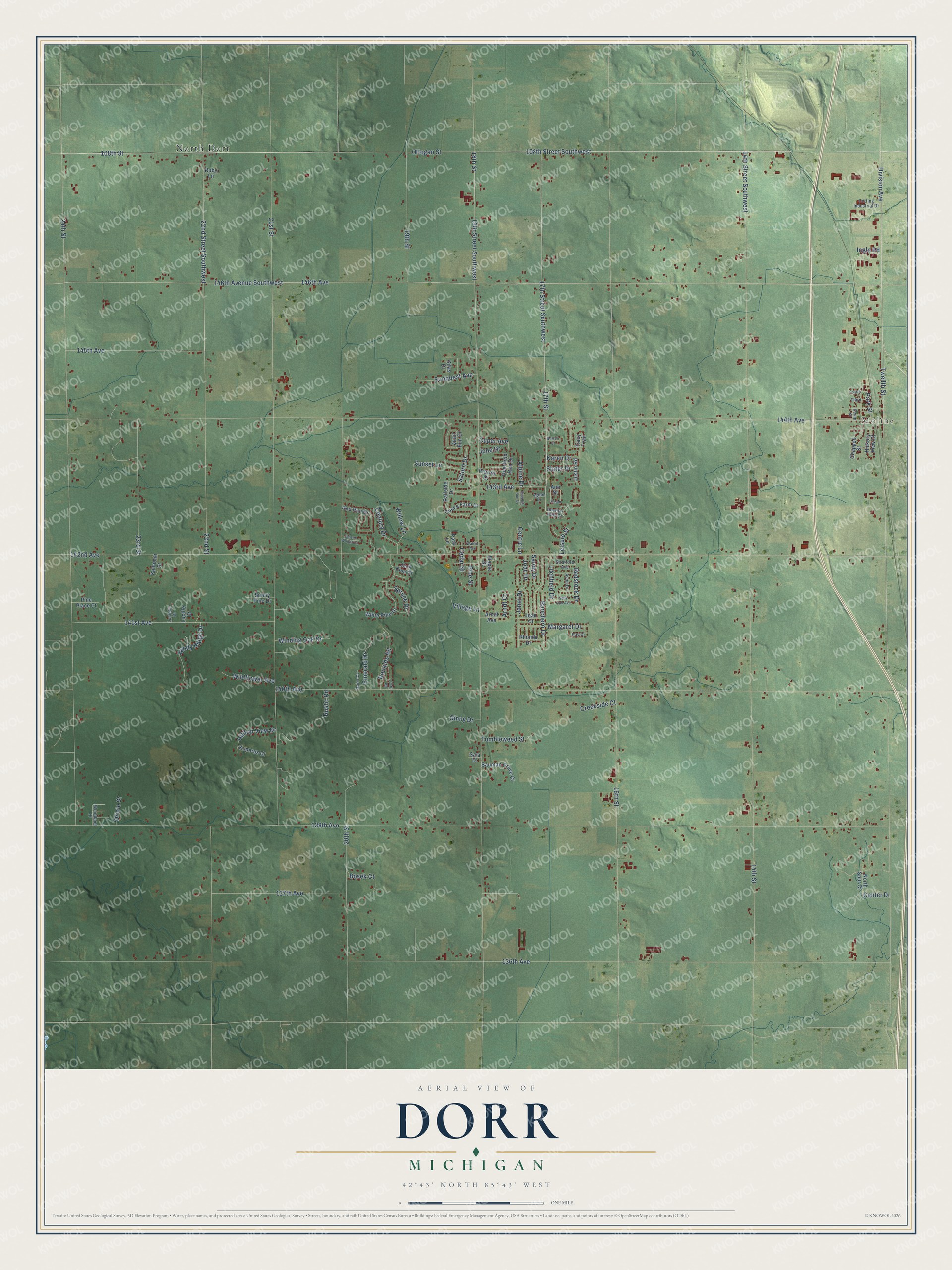 Full map of Dorr, Michigan, with red buildings, printed street names and the land around them