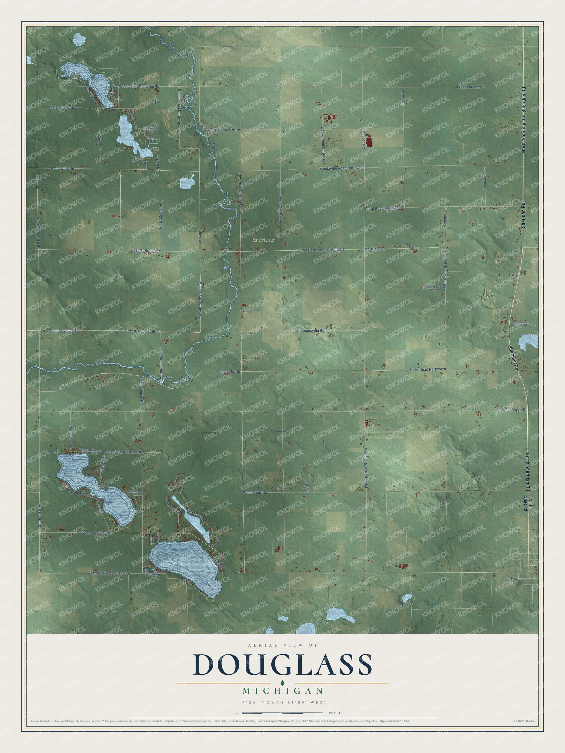 Full map of Douglass, Michigan, with red buildings, printed street names and the land around them