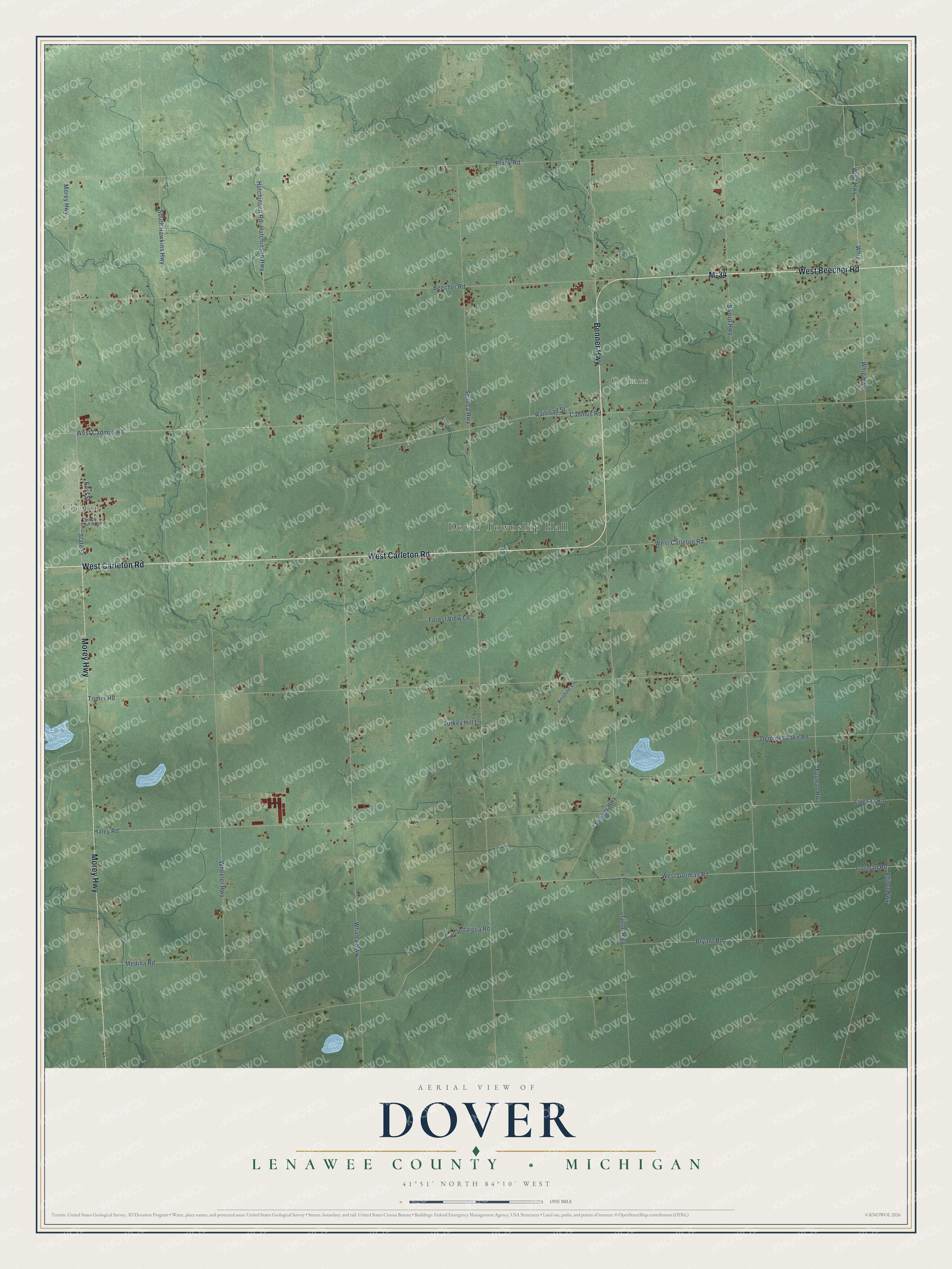 Full map of Dover, Michigan, with red buildings, printed street names and the land around them
