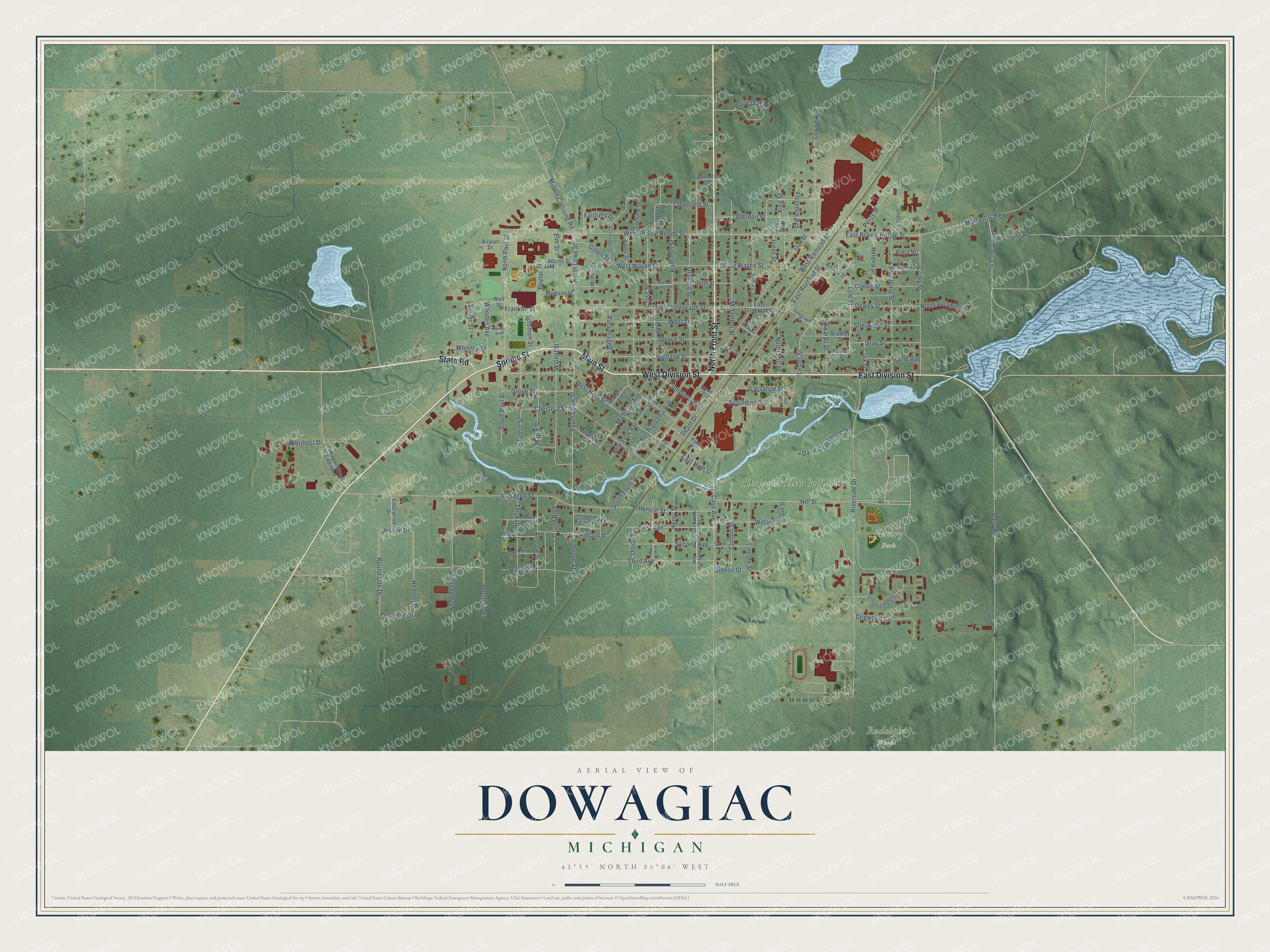 Full map of Dowagiac, Michigan, with red buildings, printed street names and the land around them