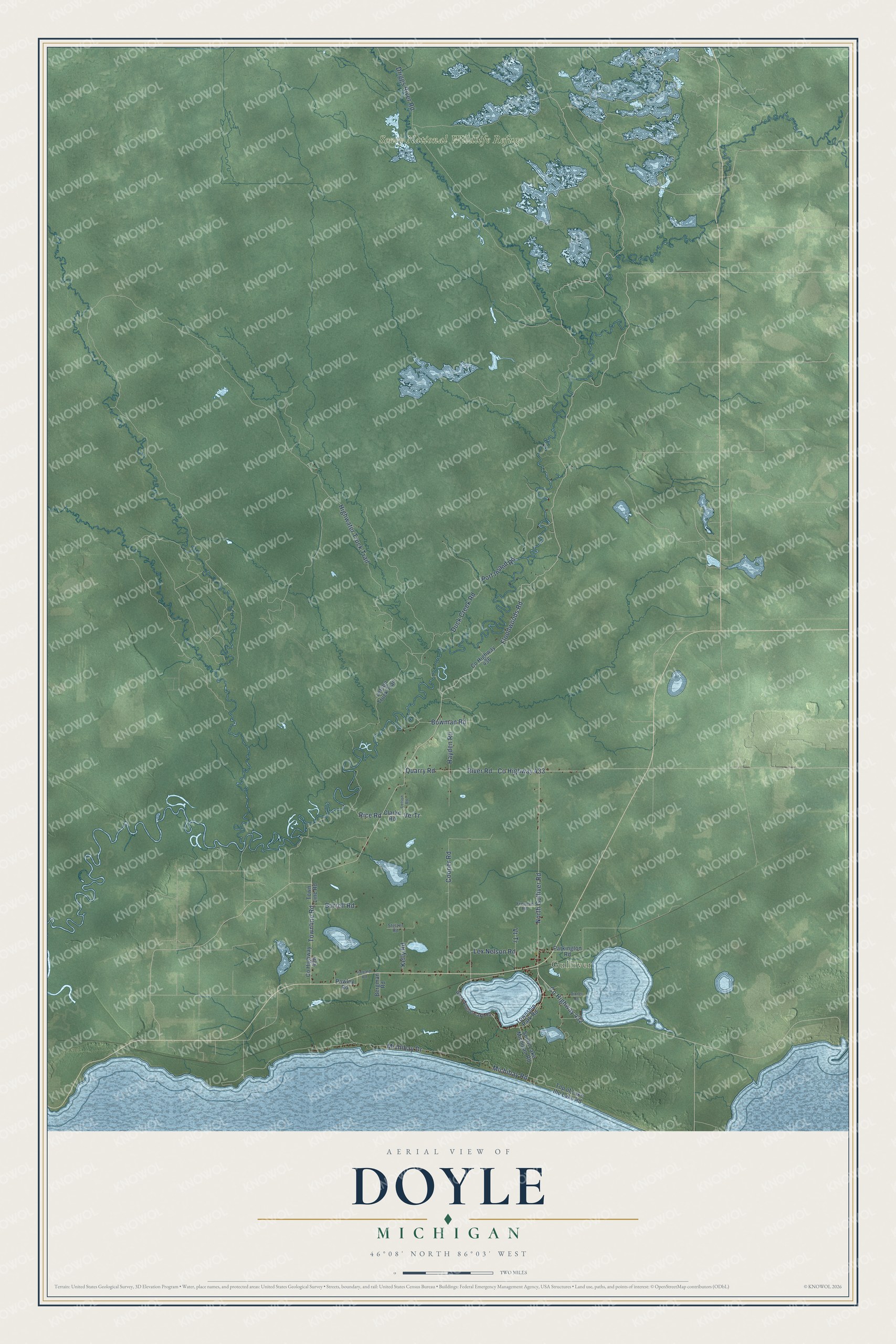 Full map of Doyle, Michigan, with red buildings, printed street names and the land around them