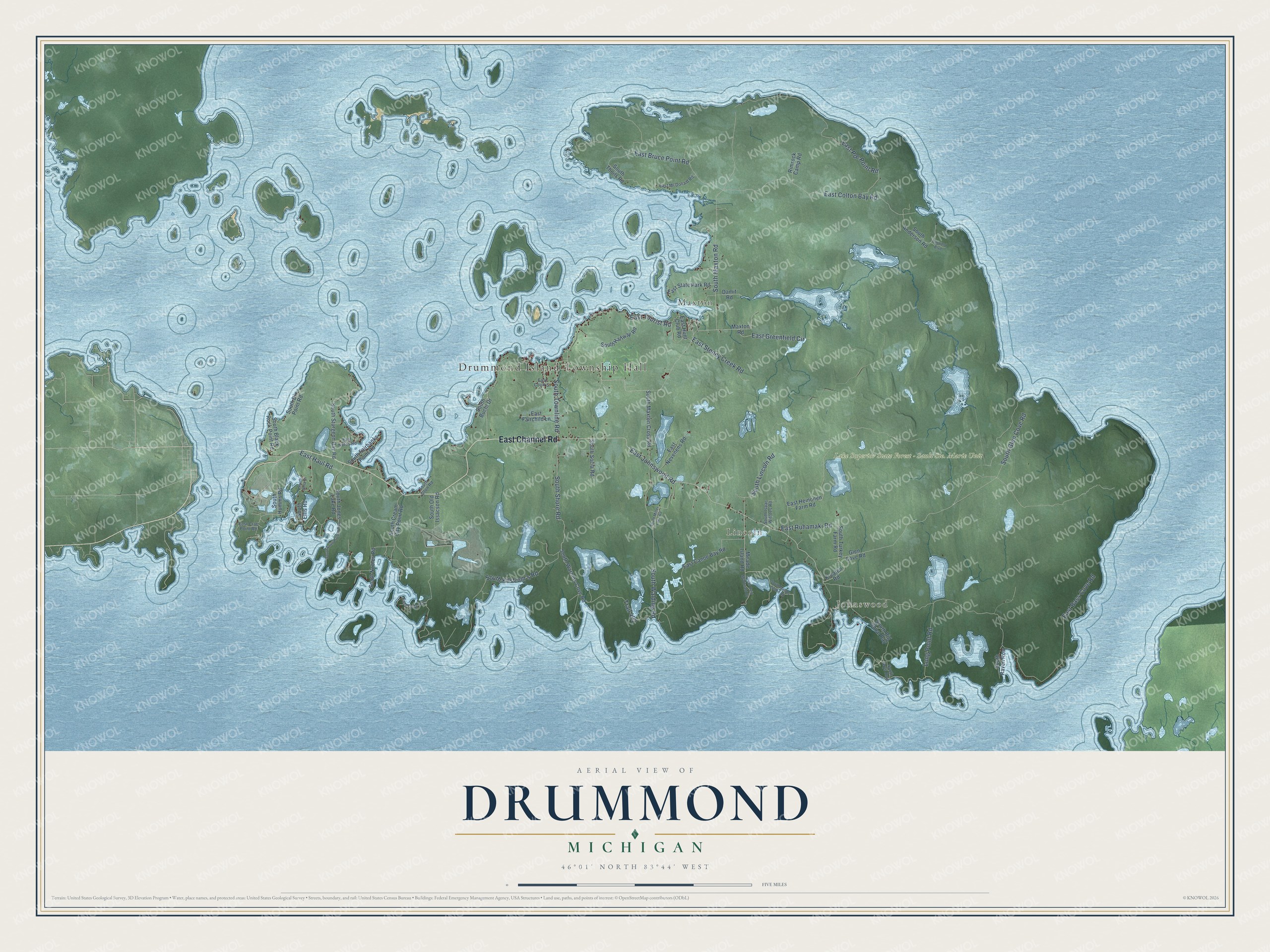 Full map of Drummond, Michigan, with red buildings, printed street names and the land around them