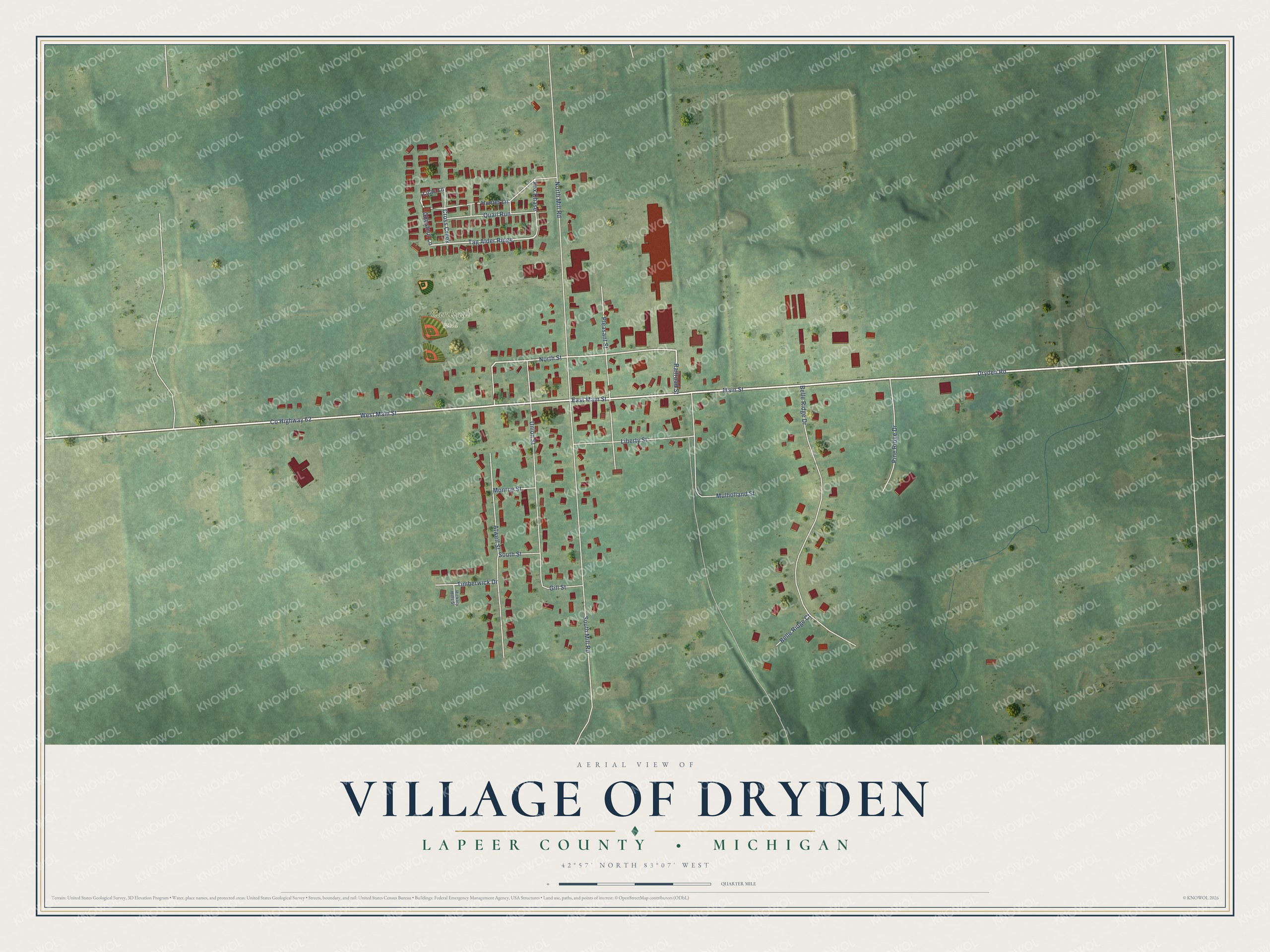 Full map of Dryden, Michigan, with red buildings, printed street names and the land around them