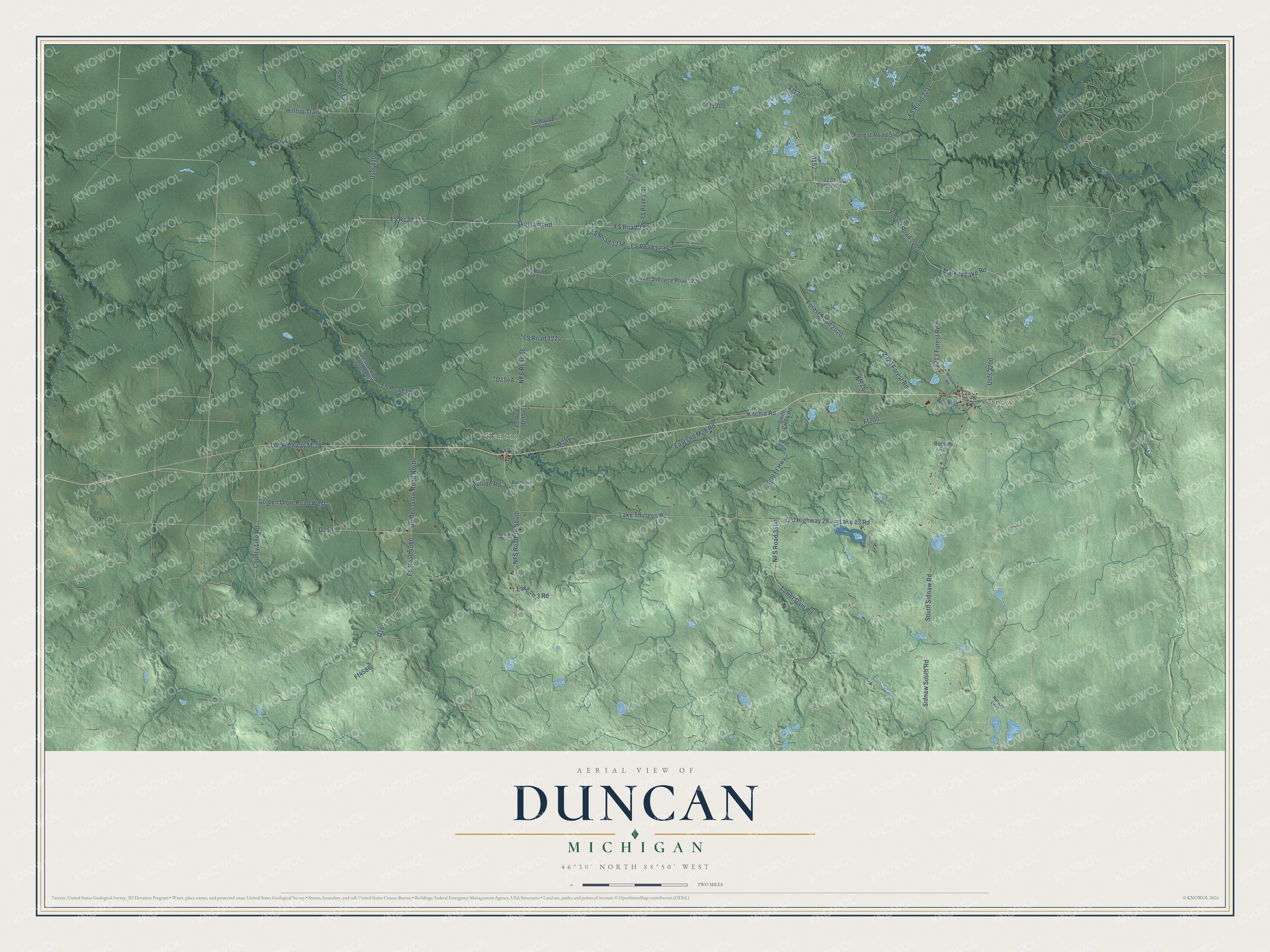 Full map of Duncan, Michigan, with red buildings, printed street names and the land around them
