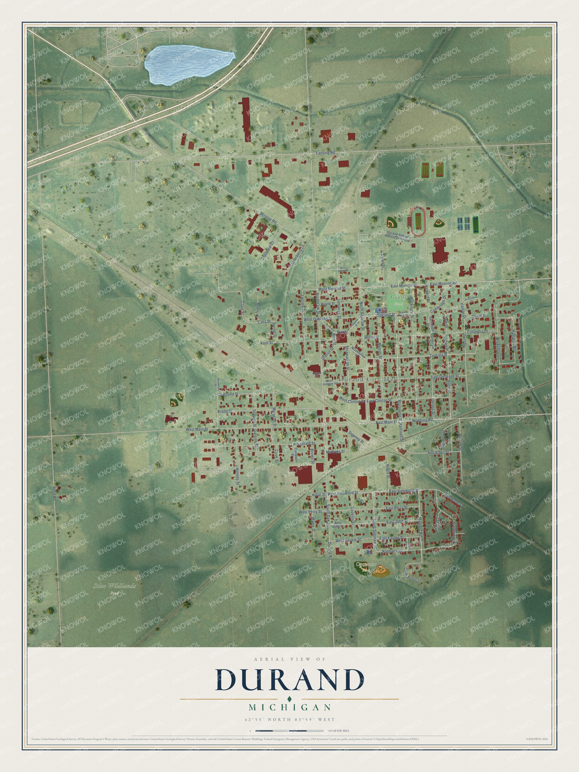 Full map of Durand, Michigan, with red buildings, printed street names and the land around them