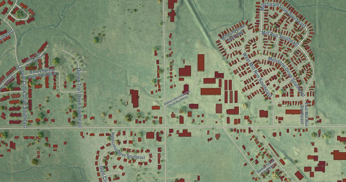 Close-up of streets and buildings in Dutton, Michigan