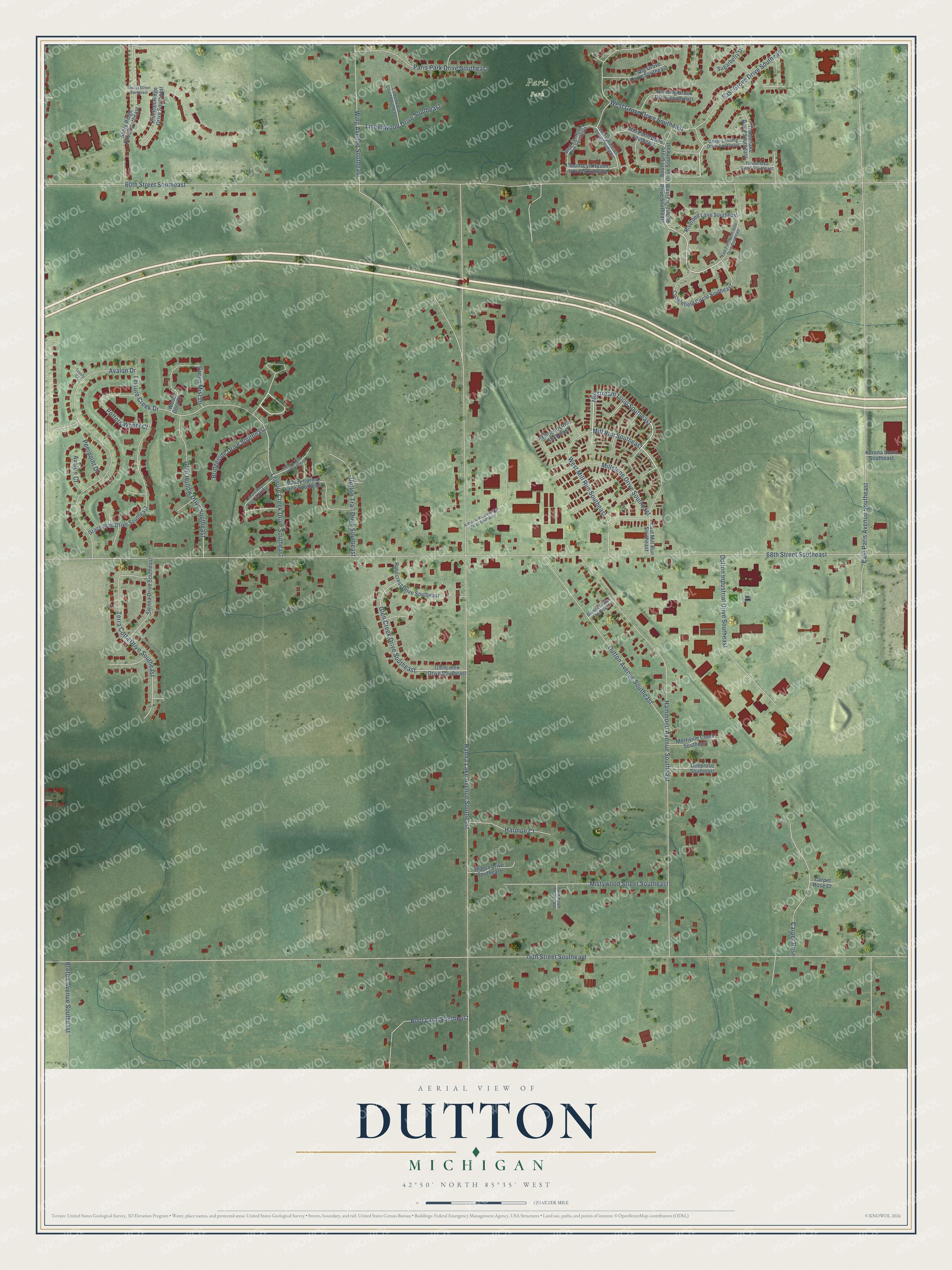 Full map of Dutton, Michigan, with red buildings, printed street names and the land around them