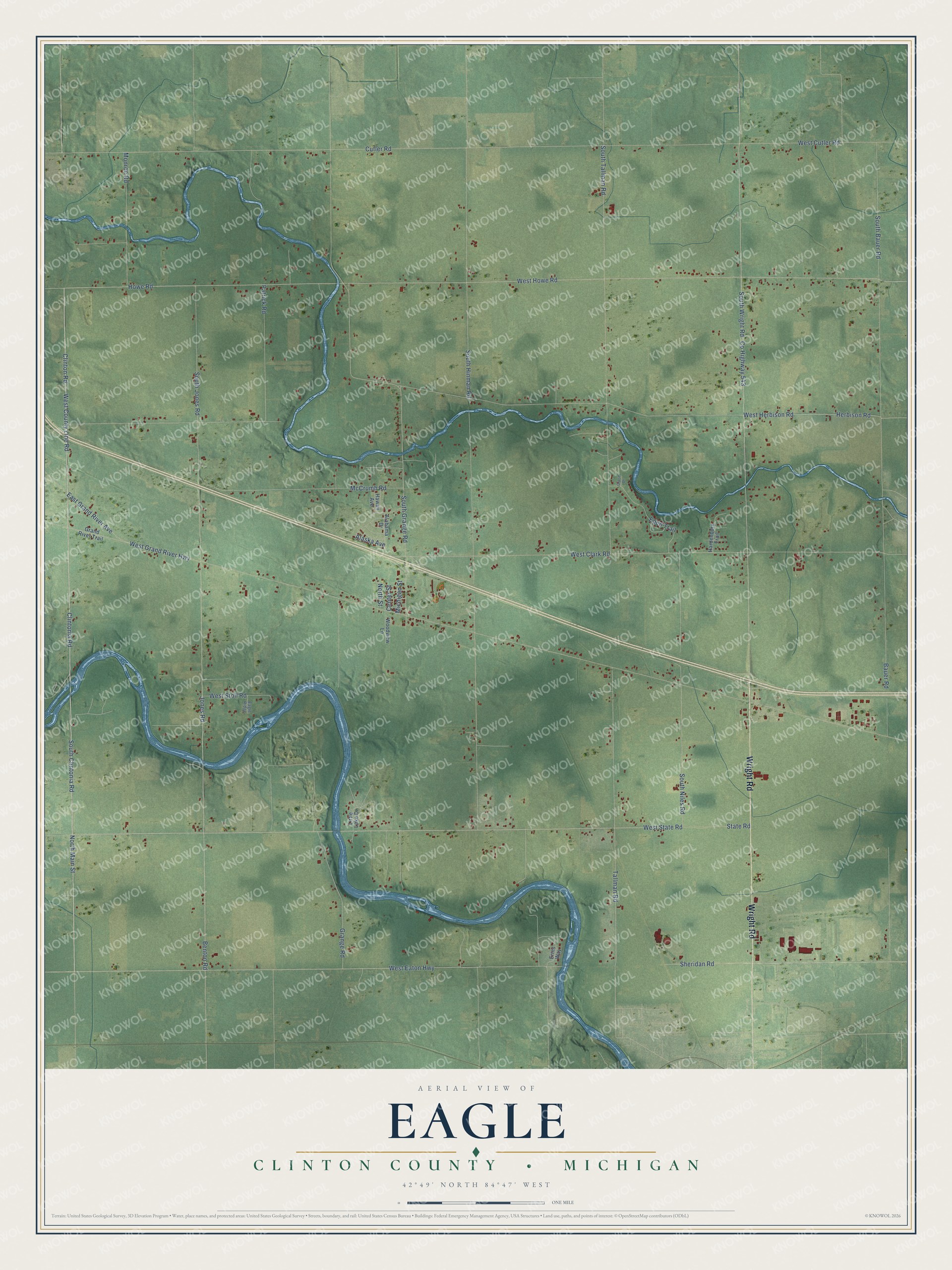 Full map of Eagle, Michigan, with red buildings, printed street names and the land around them