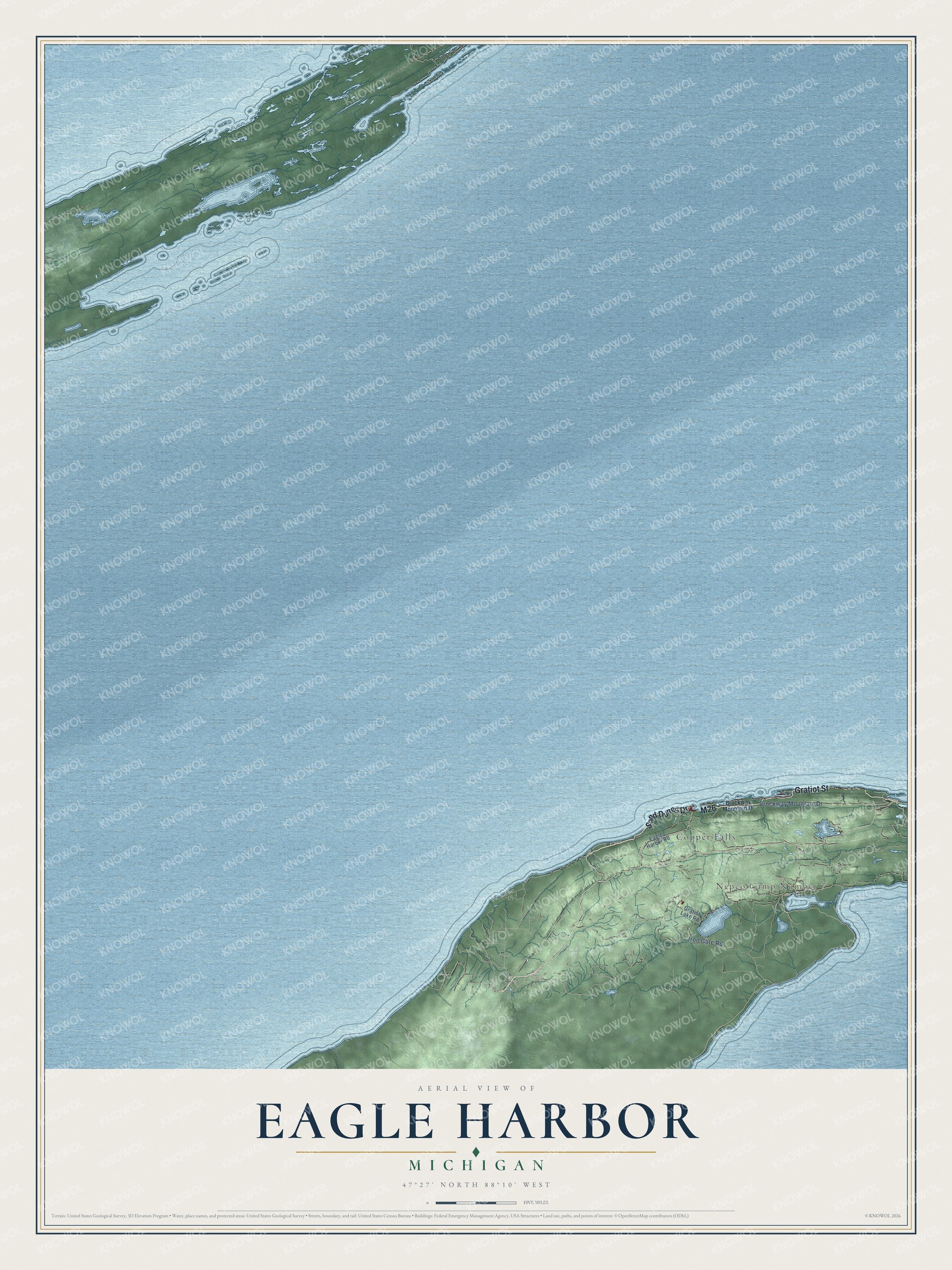 Full map of Eagle Harbor, Michigan, with red buildings, printed street names and the land around them