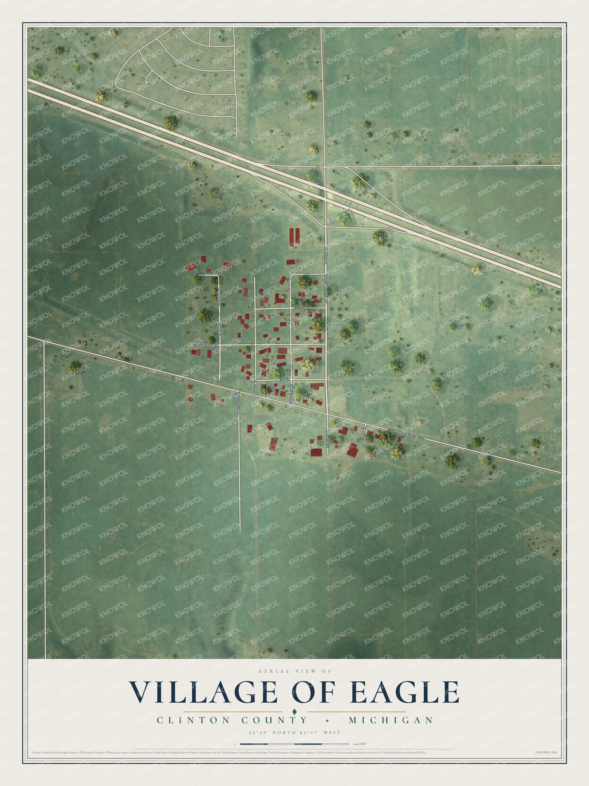 Full map of Eagle, Michigan, with red buildings, printed street names and the land around them