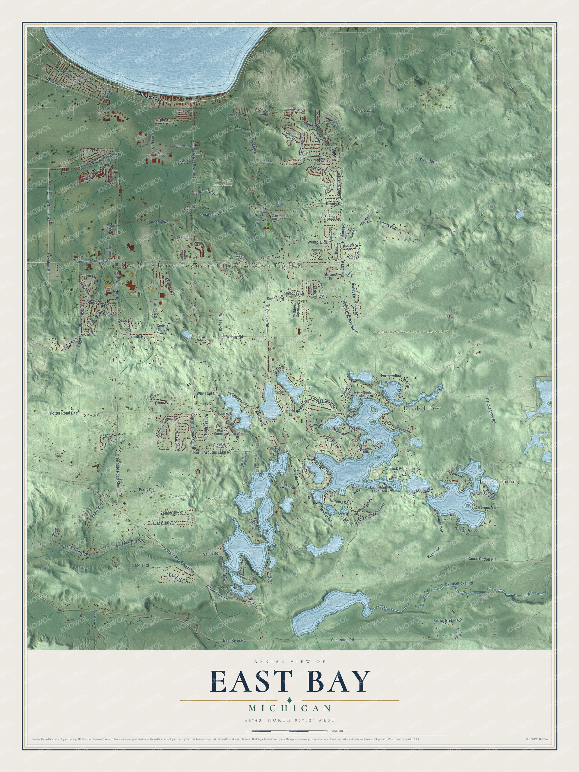 Full map of East Bay, Michigan, with red buildings, printed street names and the land around them
