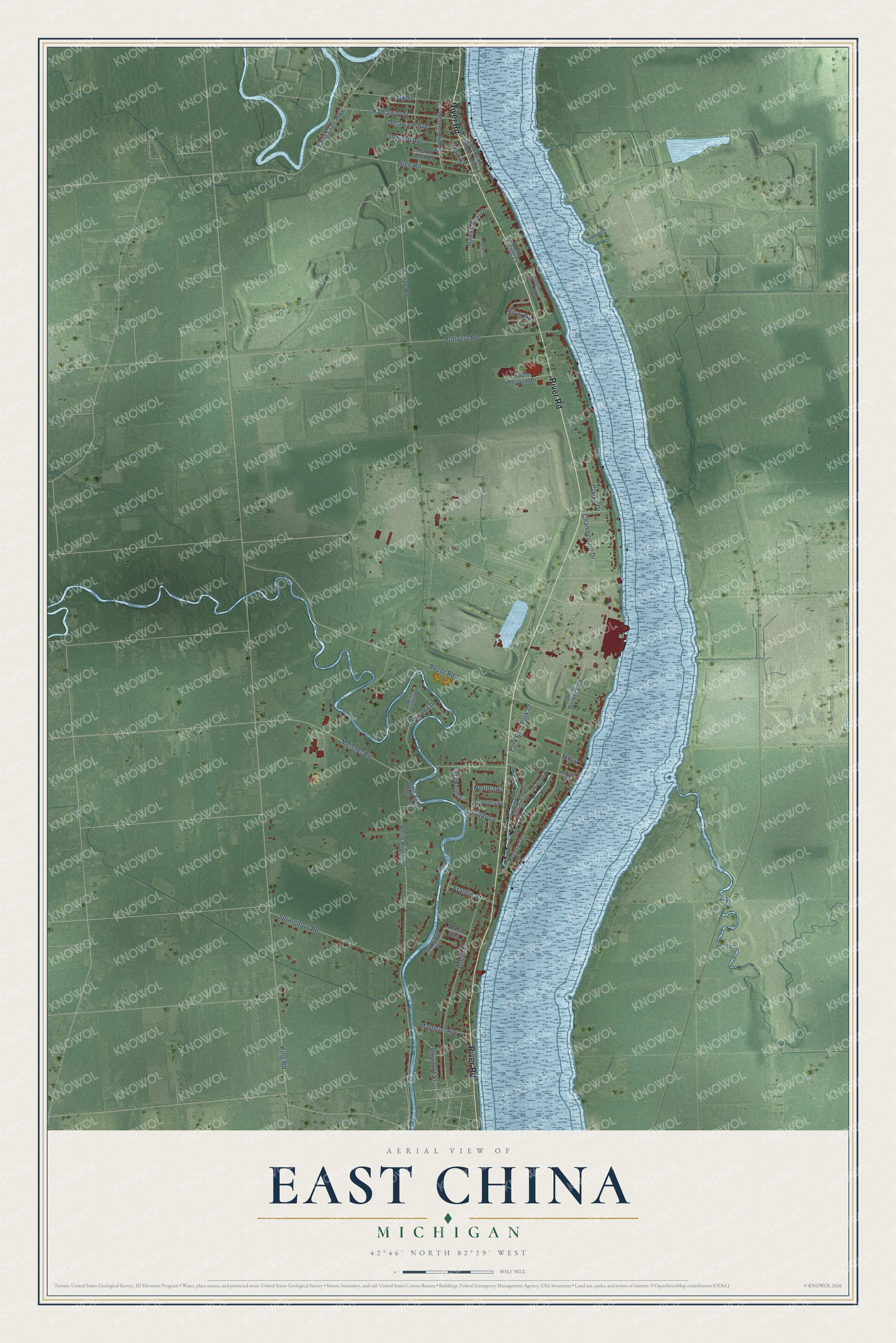 Full map of East China, Michigan, with red buildings, printed street names and the land around them