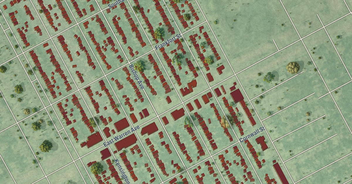 Close-up of streets and buildings in East English Village, Michigan