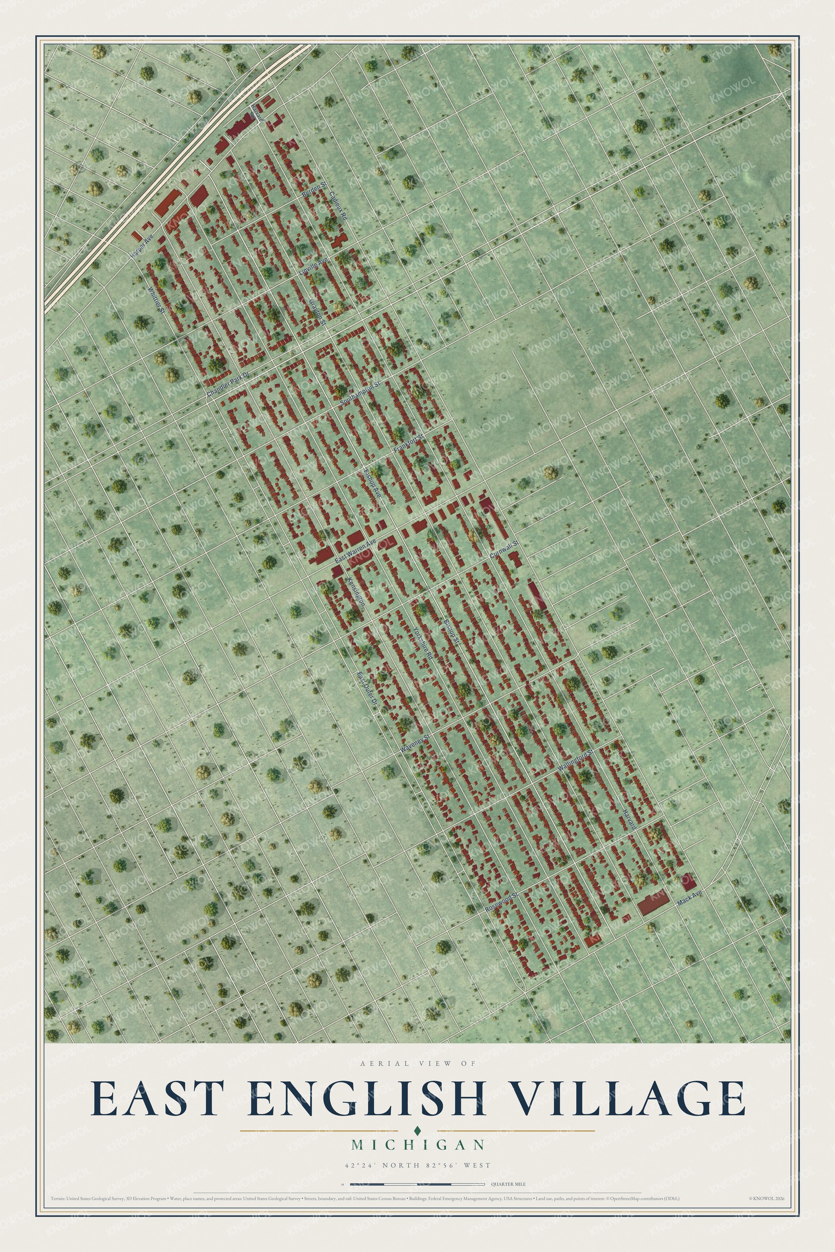 Full map of East English Village, Michigan, with red buildings, printed street names and the land around them