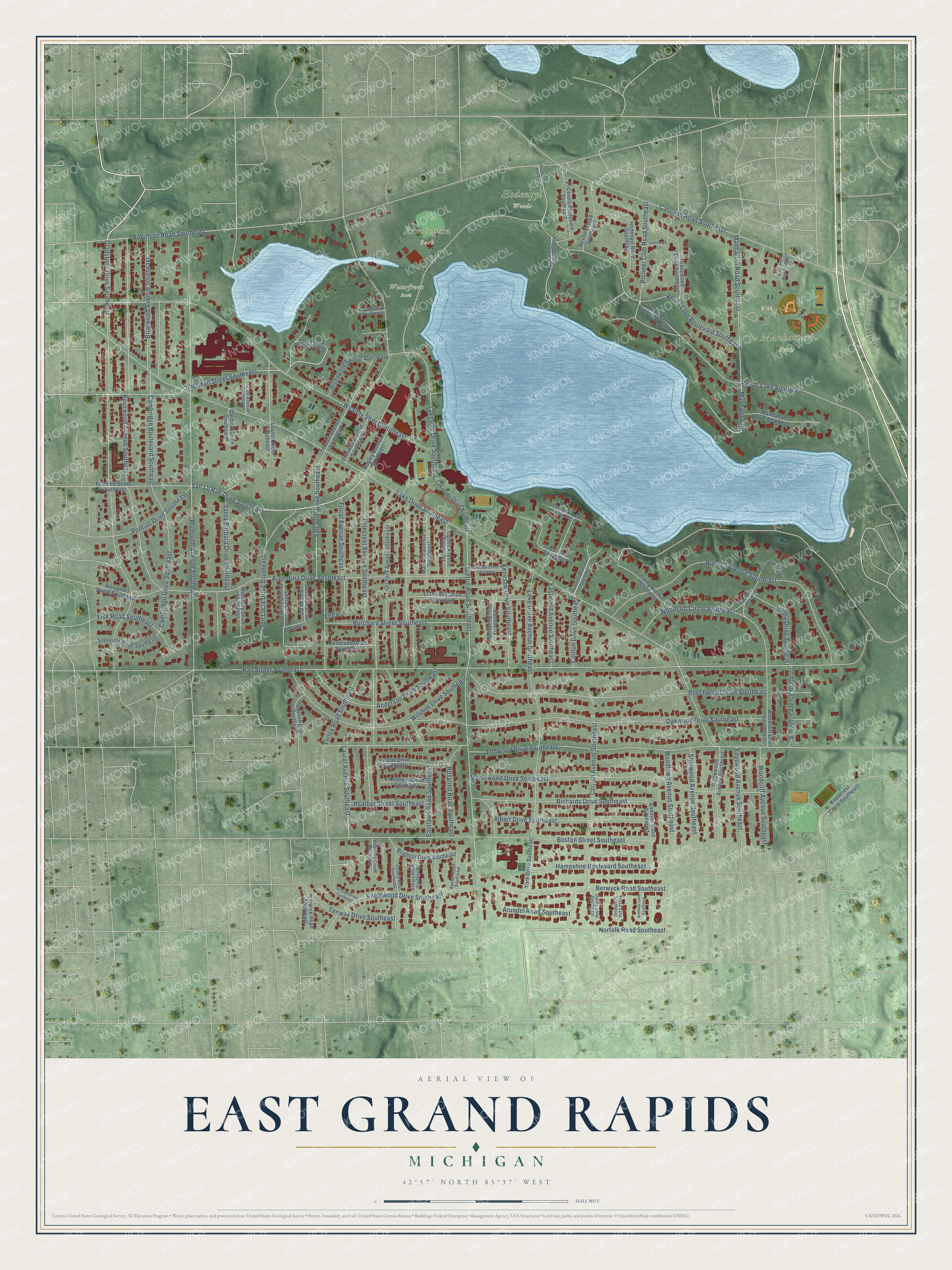 Full map of East Grand Rapids, Michigan, with red buildings, printed street names and the land around them