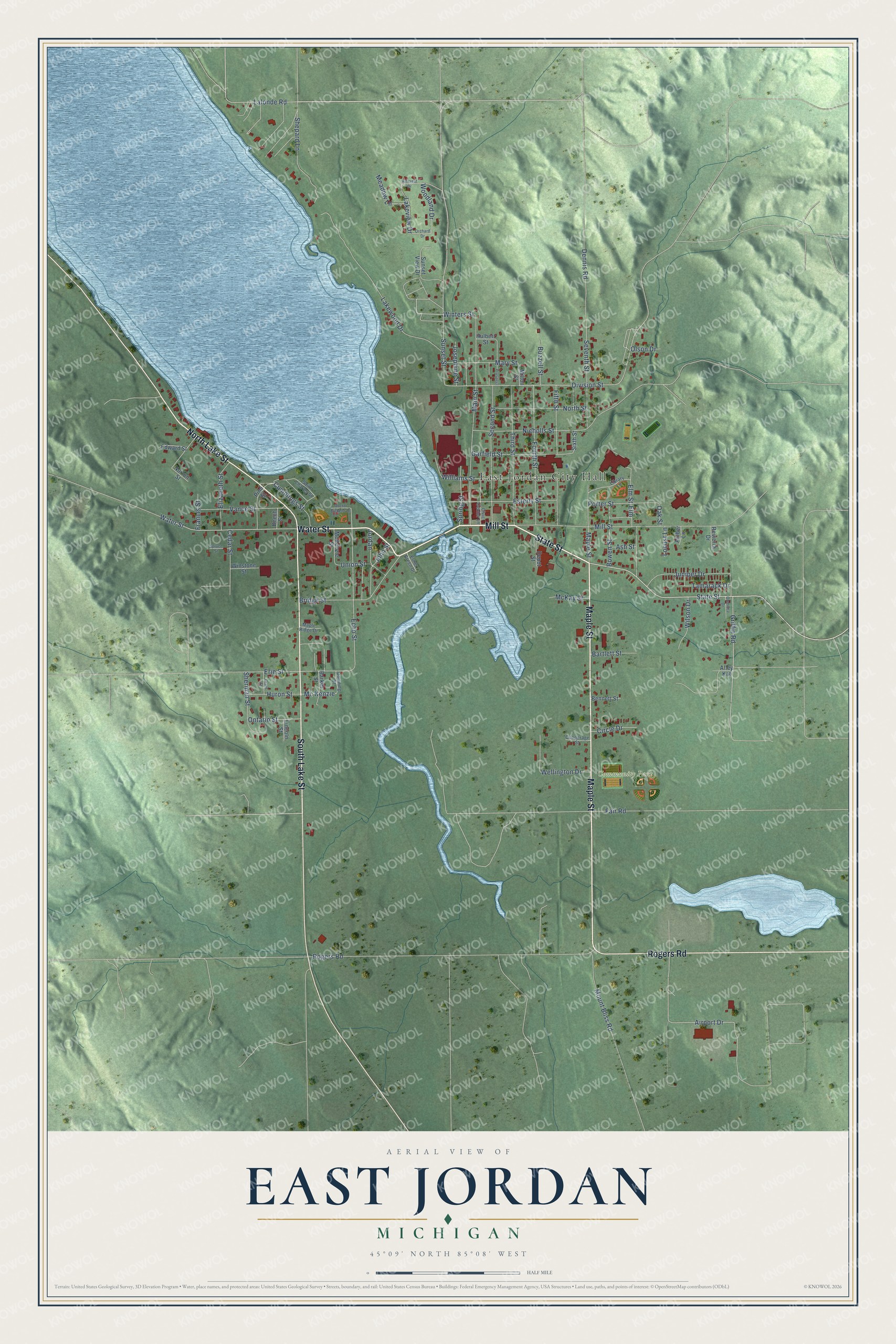 Full map of East Jordan, Michigan, with red buildings, printed street names and the land around them