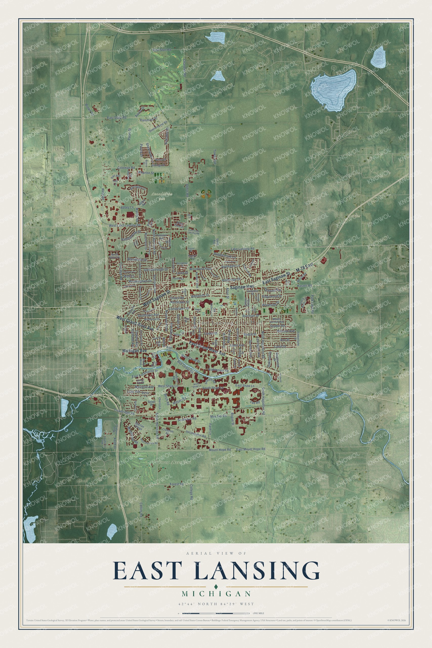 Full map of East Lansing, Michigan, with red buildings, printed street names and the land around them