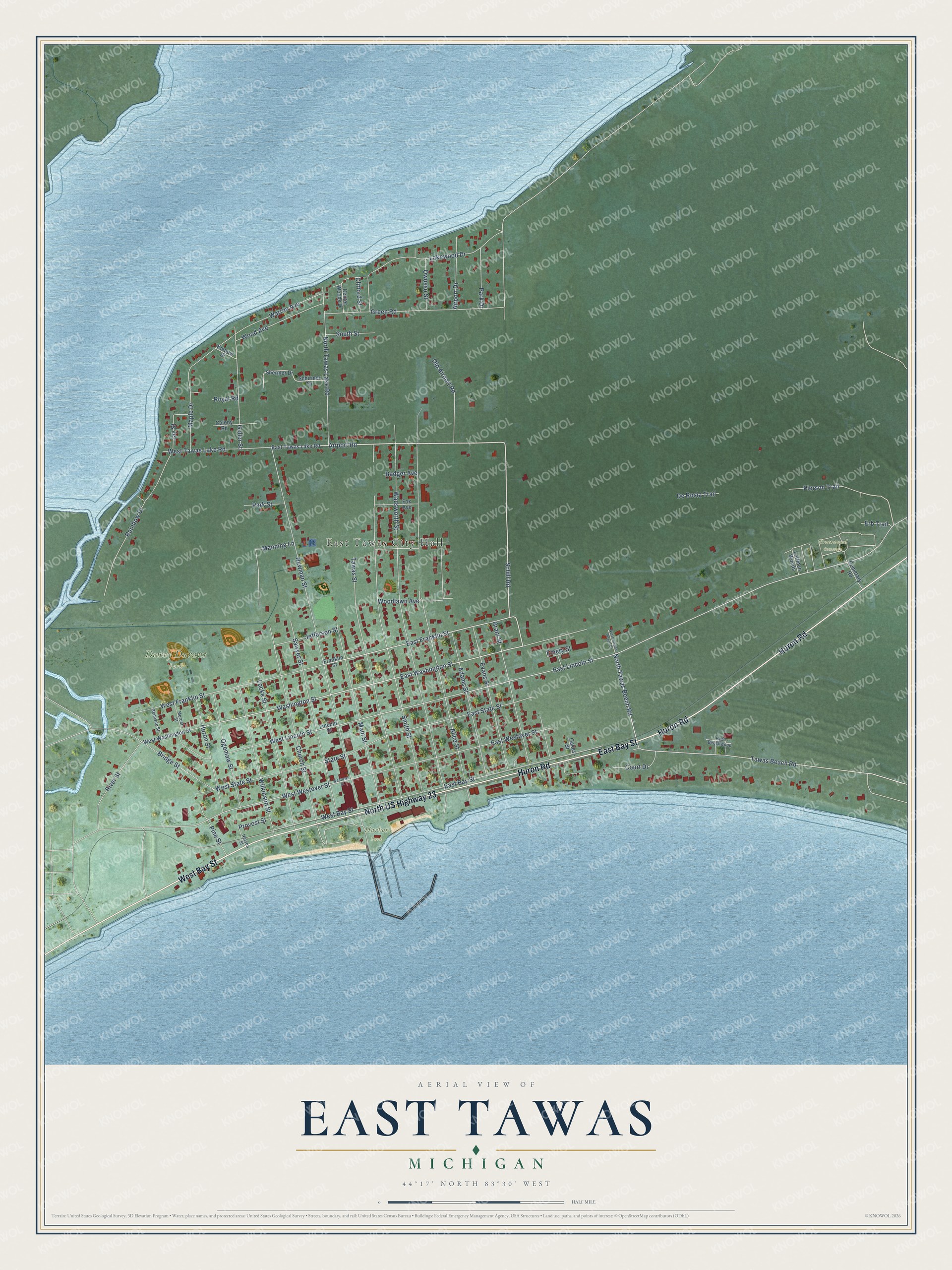 Full map of East Tawas, Michigan, with red buildings, printed street names and the land around them
