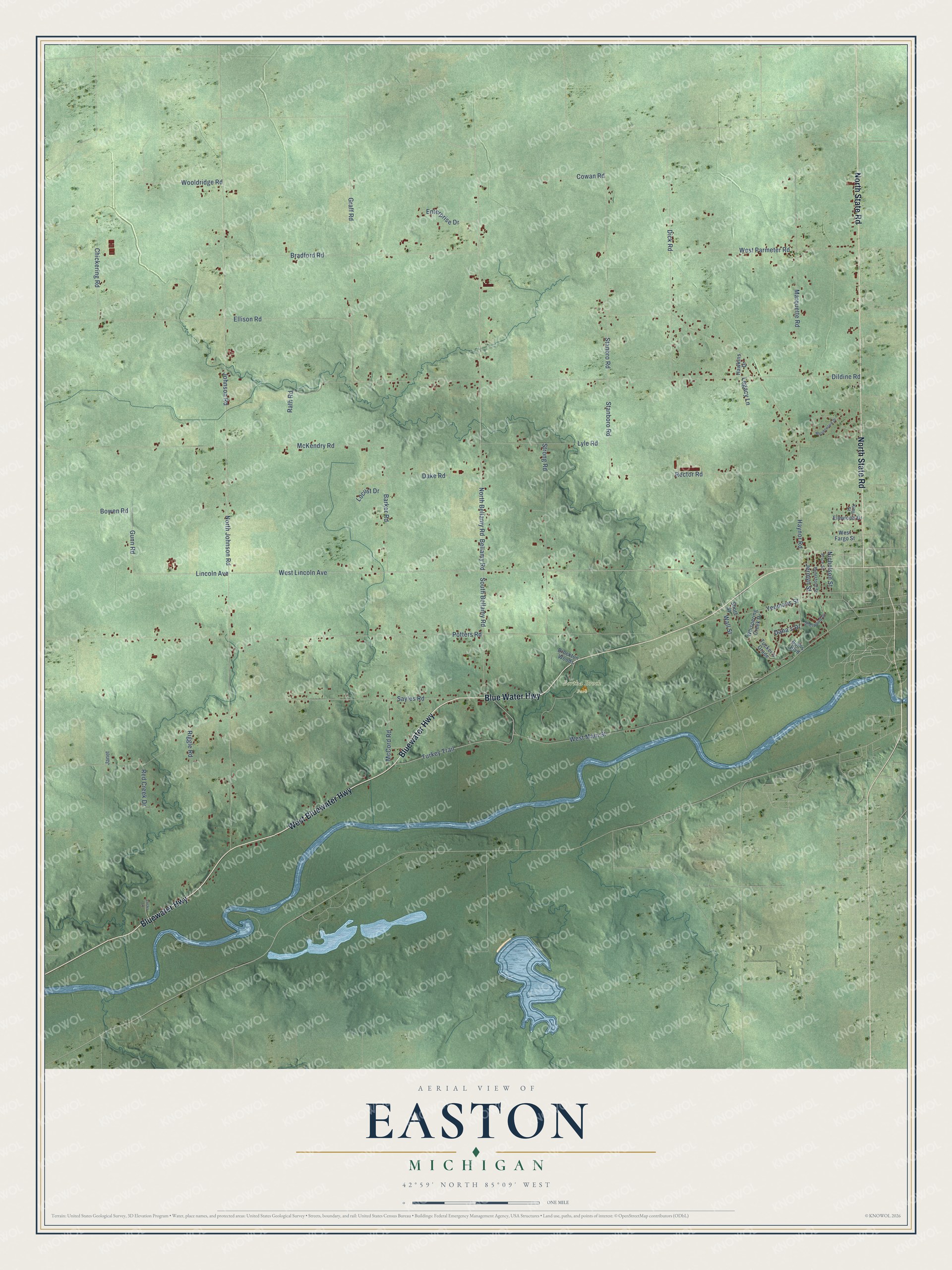 Full map of Easton, Michigan, with red buildings, printed street names and the land around them