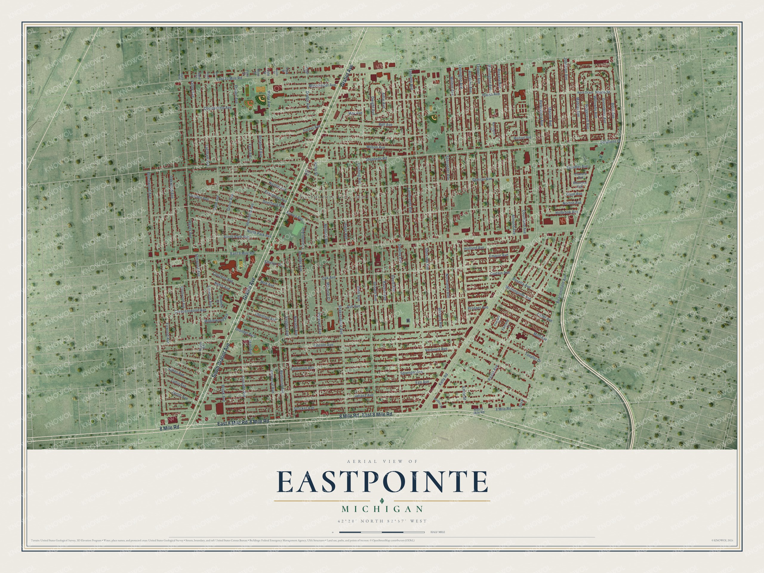 Full map of Eastpointe, Michigan, with red buildings, printed street names and the land around them