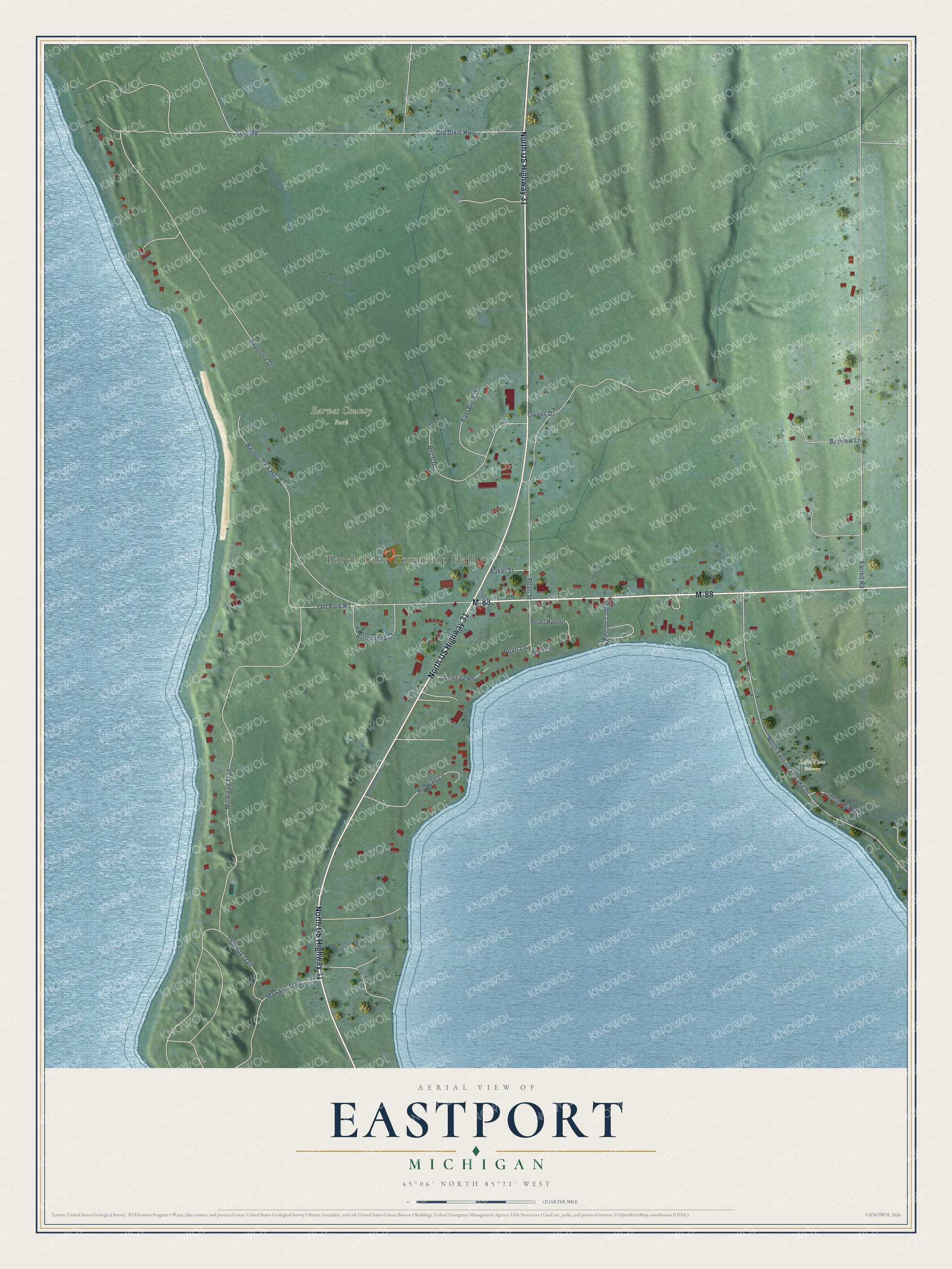 Full map of Eastport, Michigan, with red buildings, printed street names and the land around them