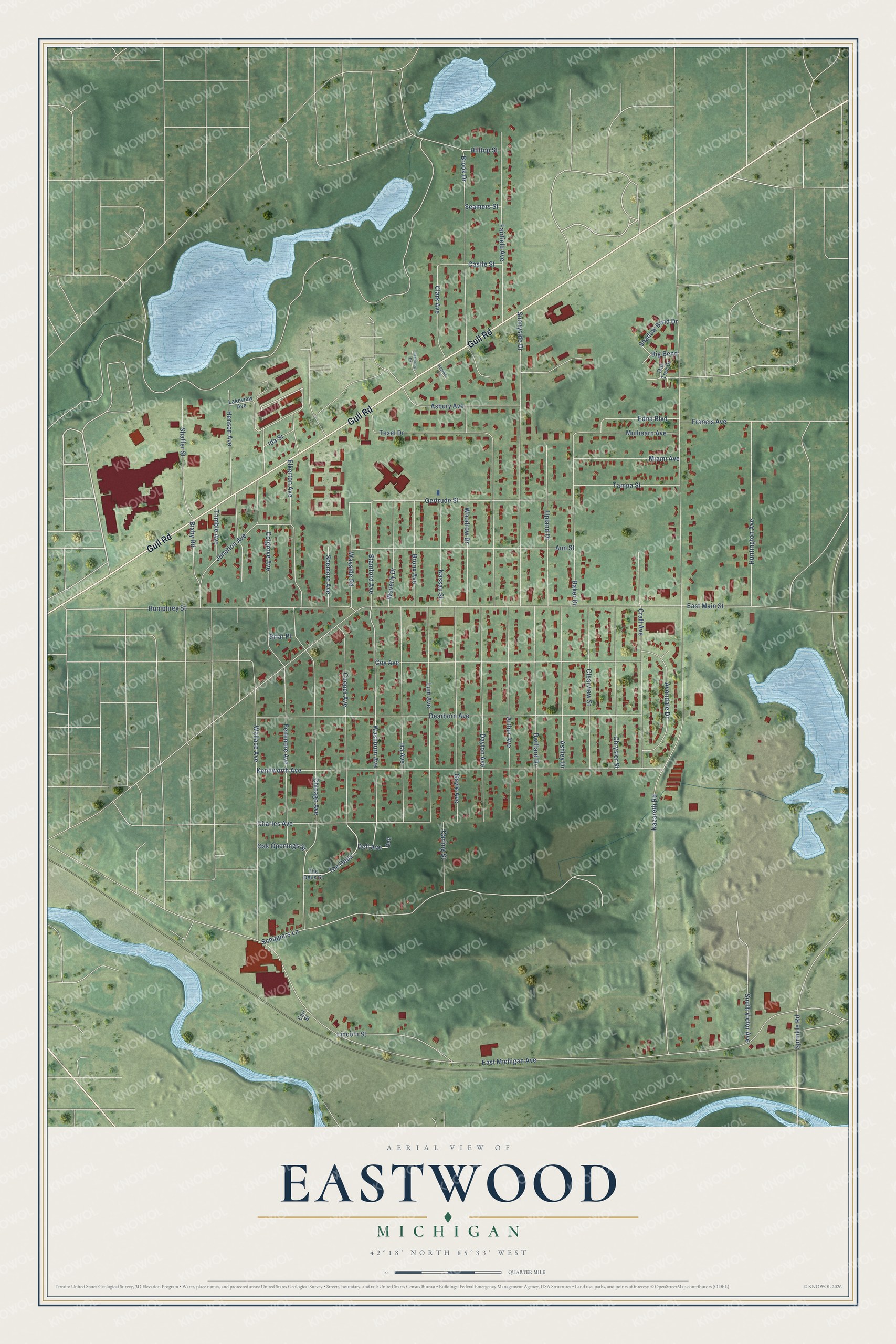 Full map of Eastwood, Michigan, with red buildings, printed street names and the land around them