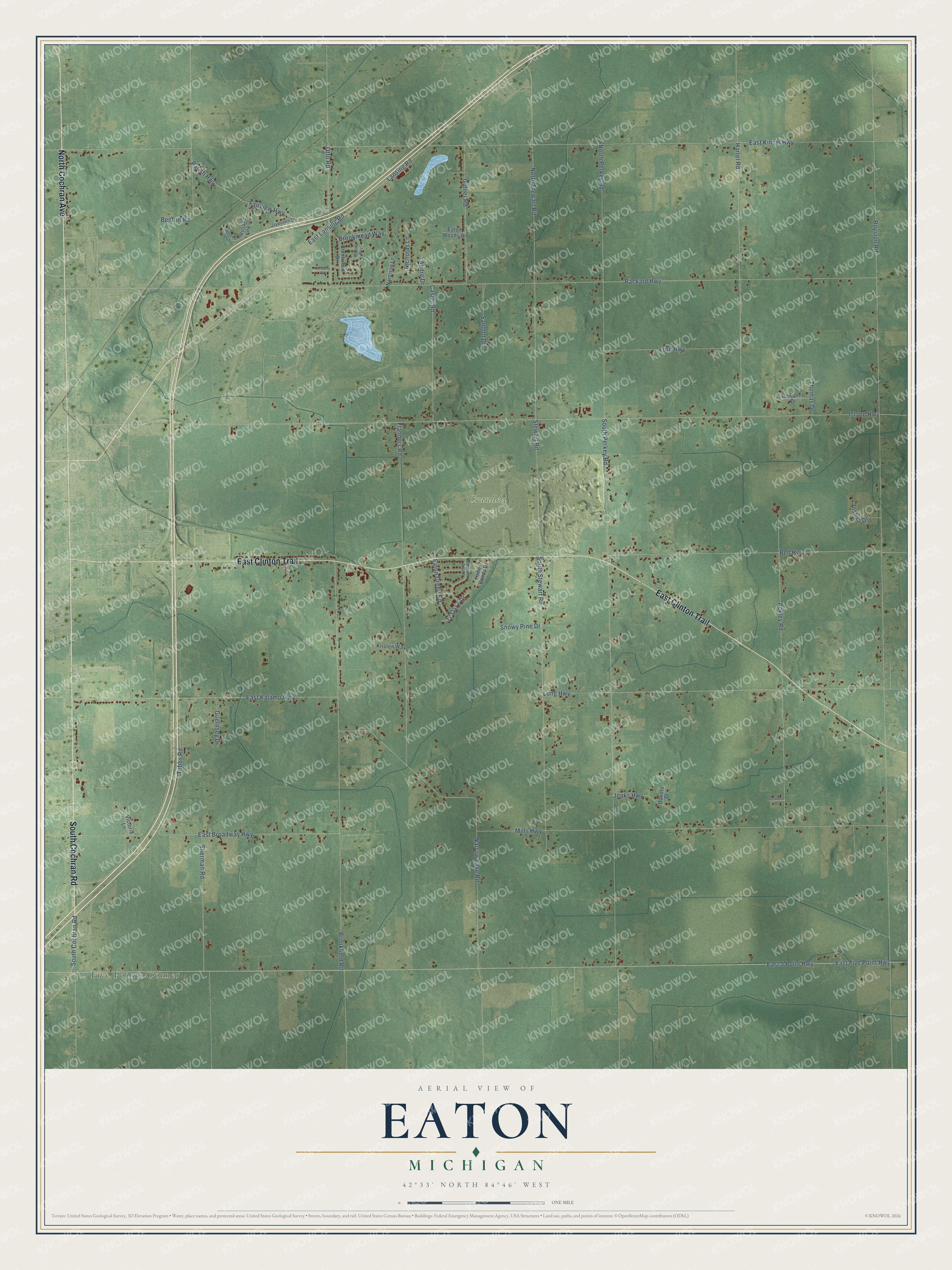 Full map of Eaton, Michigan, with red buildings, printed street names and the land around them