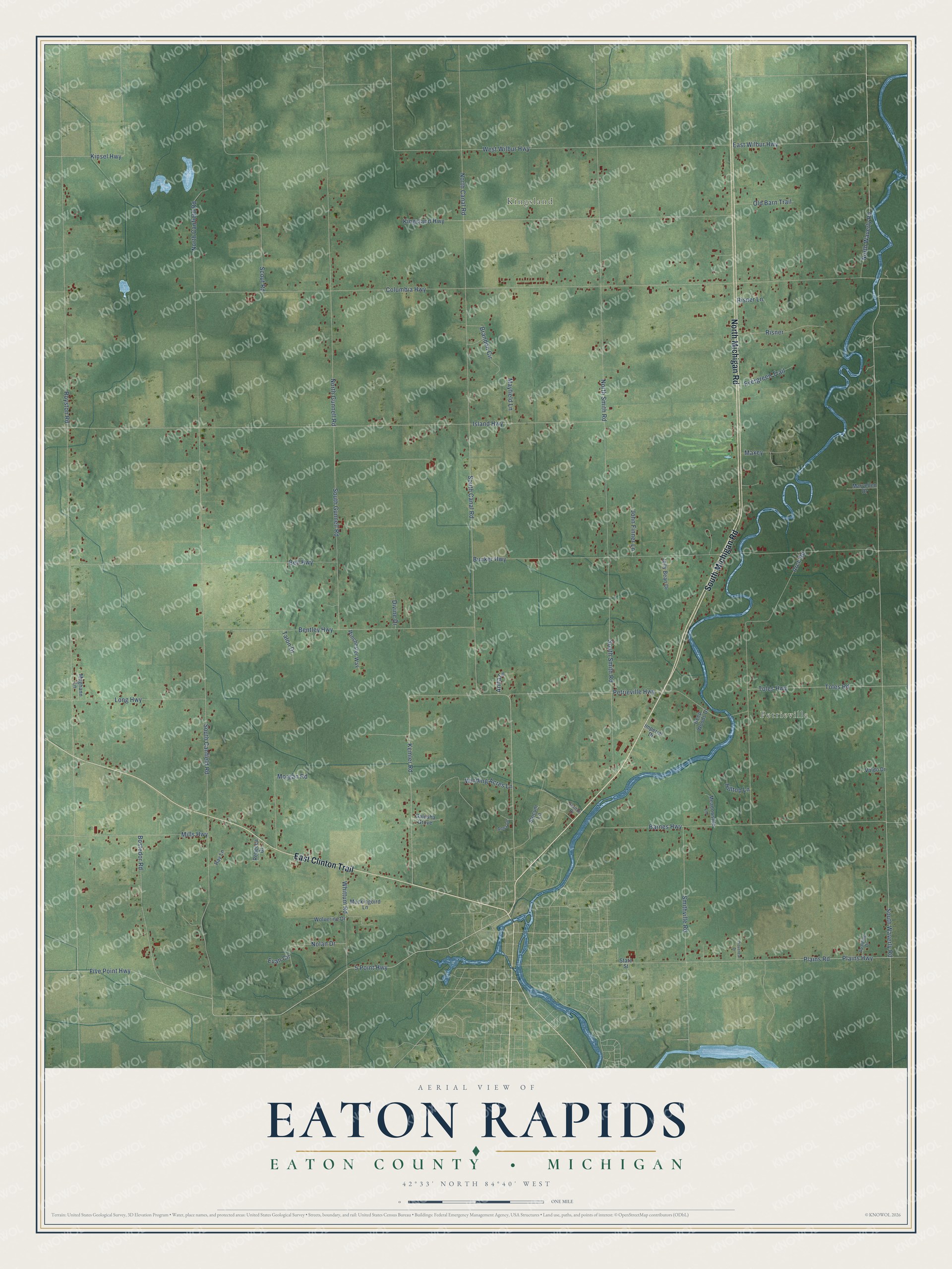 Full map of Eaton Rapids, Michigan, with red buildings, printed street names and the land around them